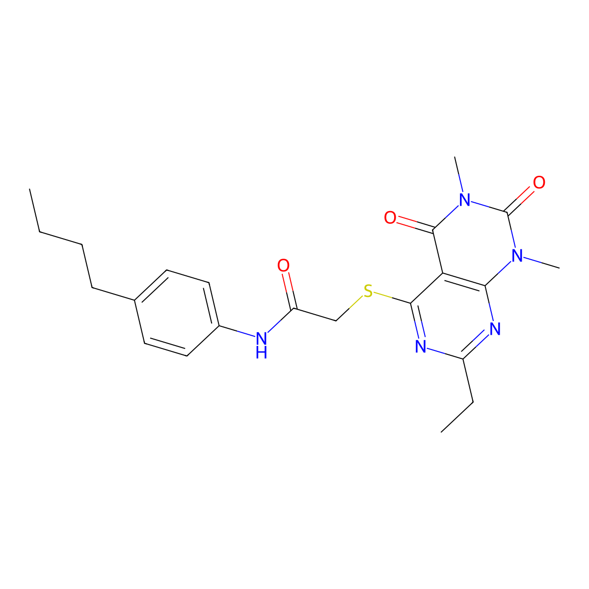 N-(4-butylphenyl)-2-((2-ethyl-6,8-dimethyl-5,7-dioxo-5,6,7,8-tetrahydropyrimido[4,5-d]pyrimidin-4-yl)thio)acetamide molecular structure, CAS 852169-56-3