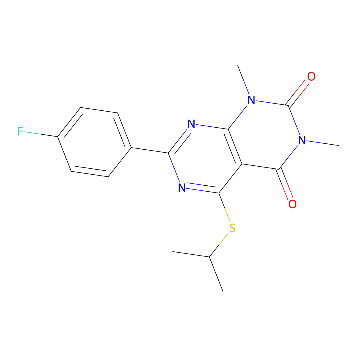 7-(4-Fluorophenyl)-1,3-dimethyl-5-propan-2-ylsulfanylpyrimido[4,5-d]pyrimidine-2,4-dione molecular structure, CAS 852169-57-4