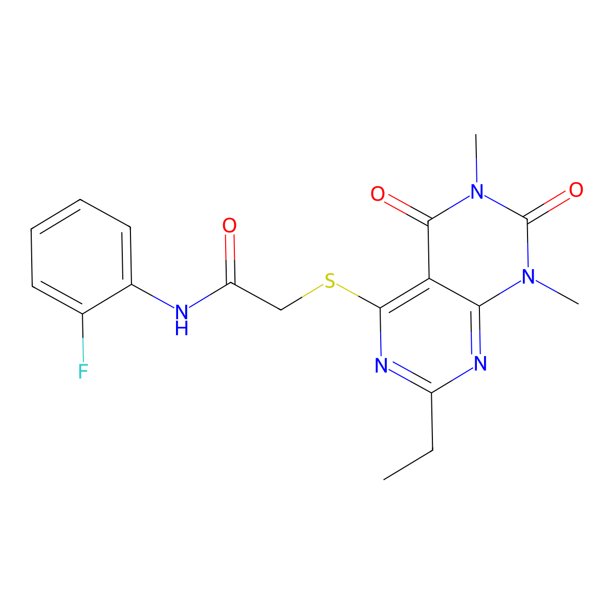 2-((2-ethyl-6,8-dimethyl-5,7-dioxo-5,6,7,8-tetrahydropyrimido[4,5-d]pyrimidin-4-yl)thio)-N-(2-fluorophenyl)acetamide molecular structure, CAS 852169-58-5