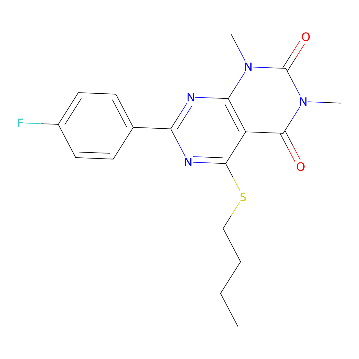 5-Butylsulfanyl-7-(4-fluorophenyl)-1,3-dimethylpyrimido[4,5-d]pyrimidine-2,4-dione molecular structure, CAS 852169-59-6