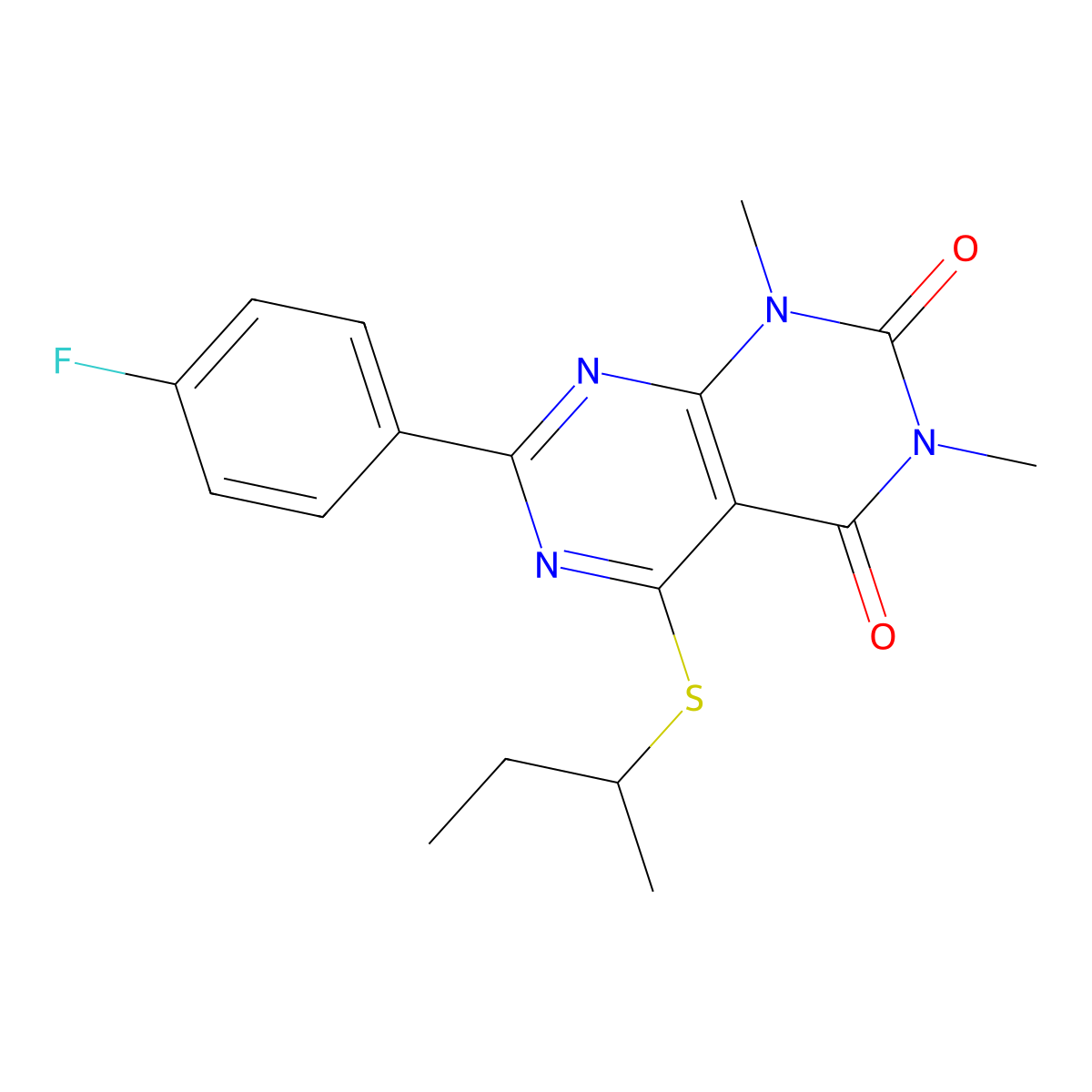 5-(sec-butylthio)-7-(4-fluorophenyl)-1,3-dimethylpyrimido[4,5-d]pyrimidine-2,4(1H,3H)-dione molecular structure, CAS 852169-61-0