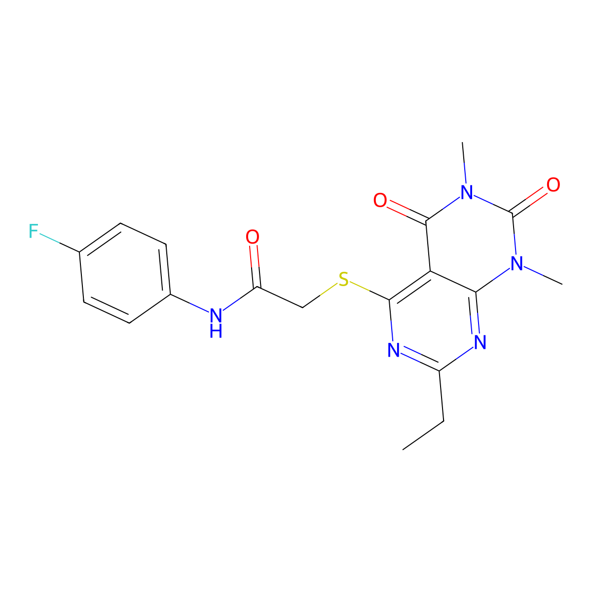 2-((2-ethyl-6,8-dimethyl-5,7-dioxo-5,6,7,8-tetrahydropyrimido[4,5-d]pyrimidin-4-yl)thio)-N-(4-fluorophenyl)acetamide molecular structure, CAS 852169-62-1
