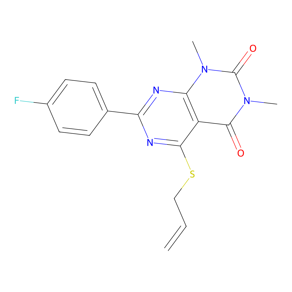 5-(allylthio)-7-(4-fluorophenyl)-1,3-dimethylpyrimido[4,5-d]pyrimidine-2,4(1H,3H)-dione molecular structure, CAS 852169-63-2