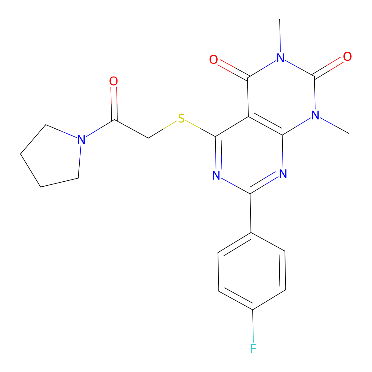 7-(4-Fluorophenyl)-1,3-dimethyl-5-(2-oxo-2-pyrrolidin-1-ylethyl)sulfanylpyrimido[4,5-d]pyrimidine-2,4-dione molecular structure, CAS 852169-65-4