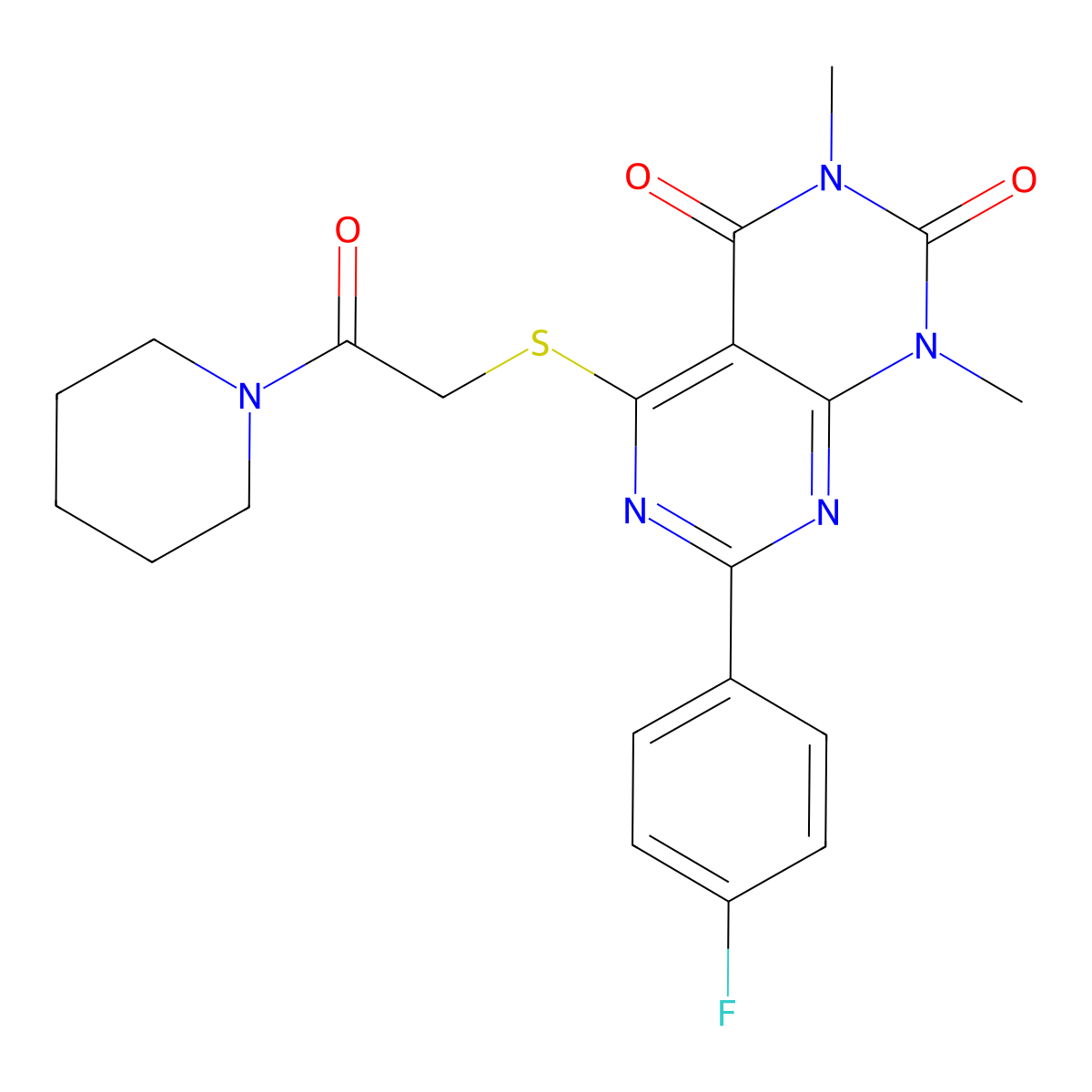 7-(4-fluorophenyl)-1,3-dimethyl-5-((2-oxo-2-(piperidin-1-yl)ethyl)thio)pyrimido[4,5-d]pyrimidine-2,4(1H,3H)-dione molecular structure, CAS 852169-67-6