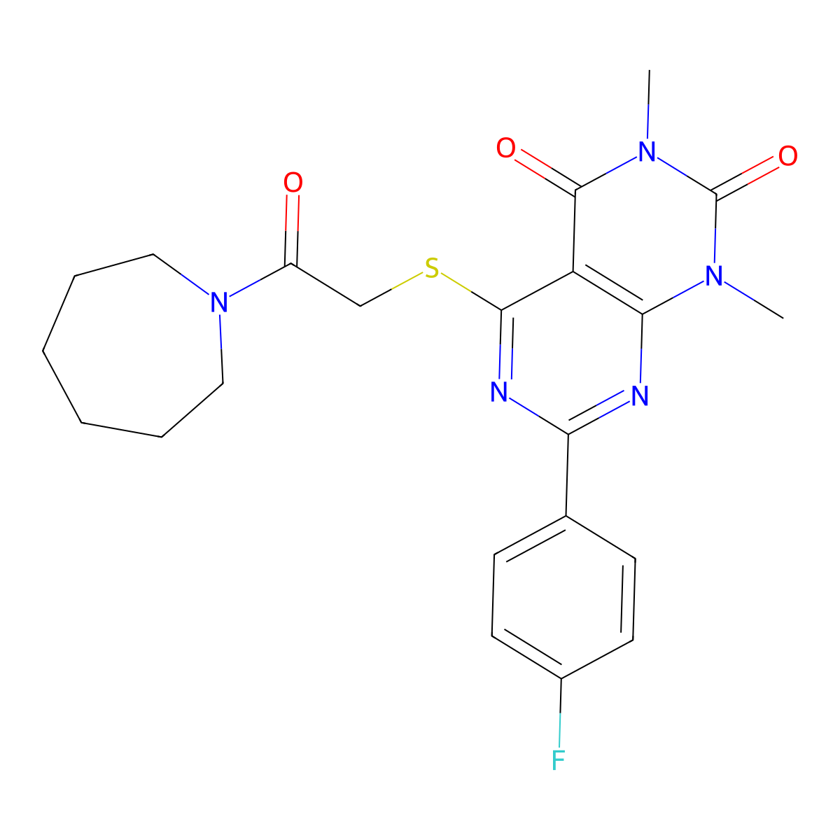 5-((2-(azepan-1-yl)-2-oxoethyl)thio)-7-(4-fluorophenyl)-1,3-dimethylpyrimido[4,5-d]pyrimidine-2,4(1H,3H)-dione molecular structure, CAS 852169-69-8