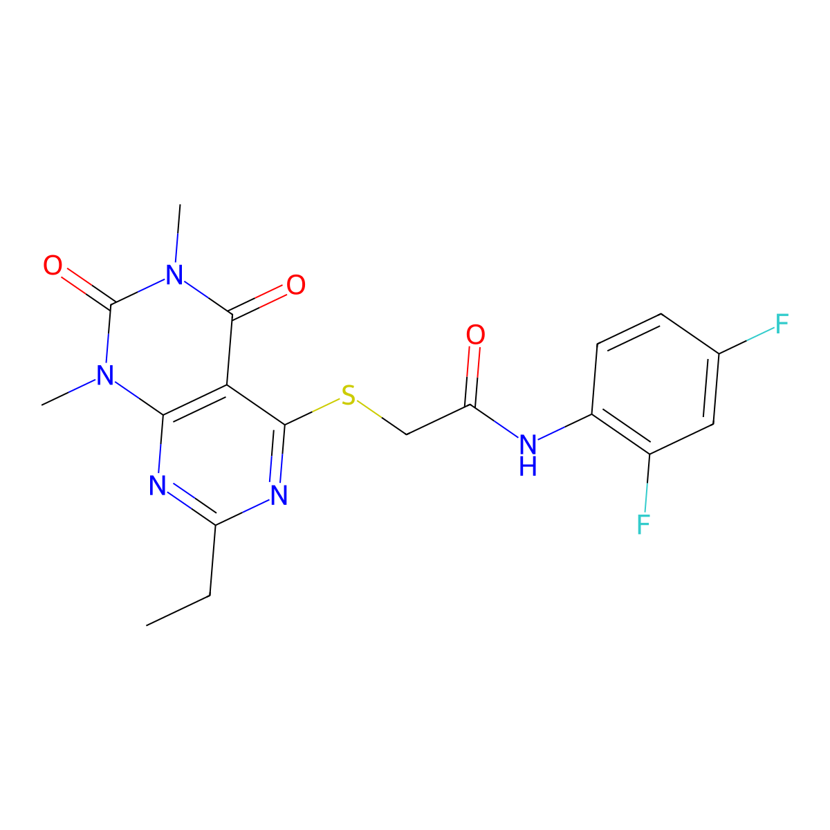 N-(2,4-difluorophenyl)-2-((2-ethyl-6,8-dimethyl-5,7-dioxo-5,6,7,8-tetrahydropyrimido[4,5-d]pyrimidin-4-yl)thio)acetamide molecular structure, CAS 852169-70-1