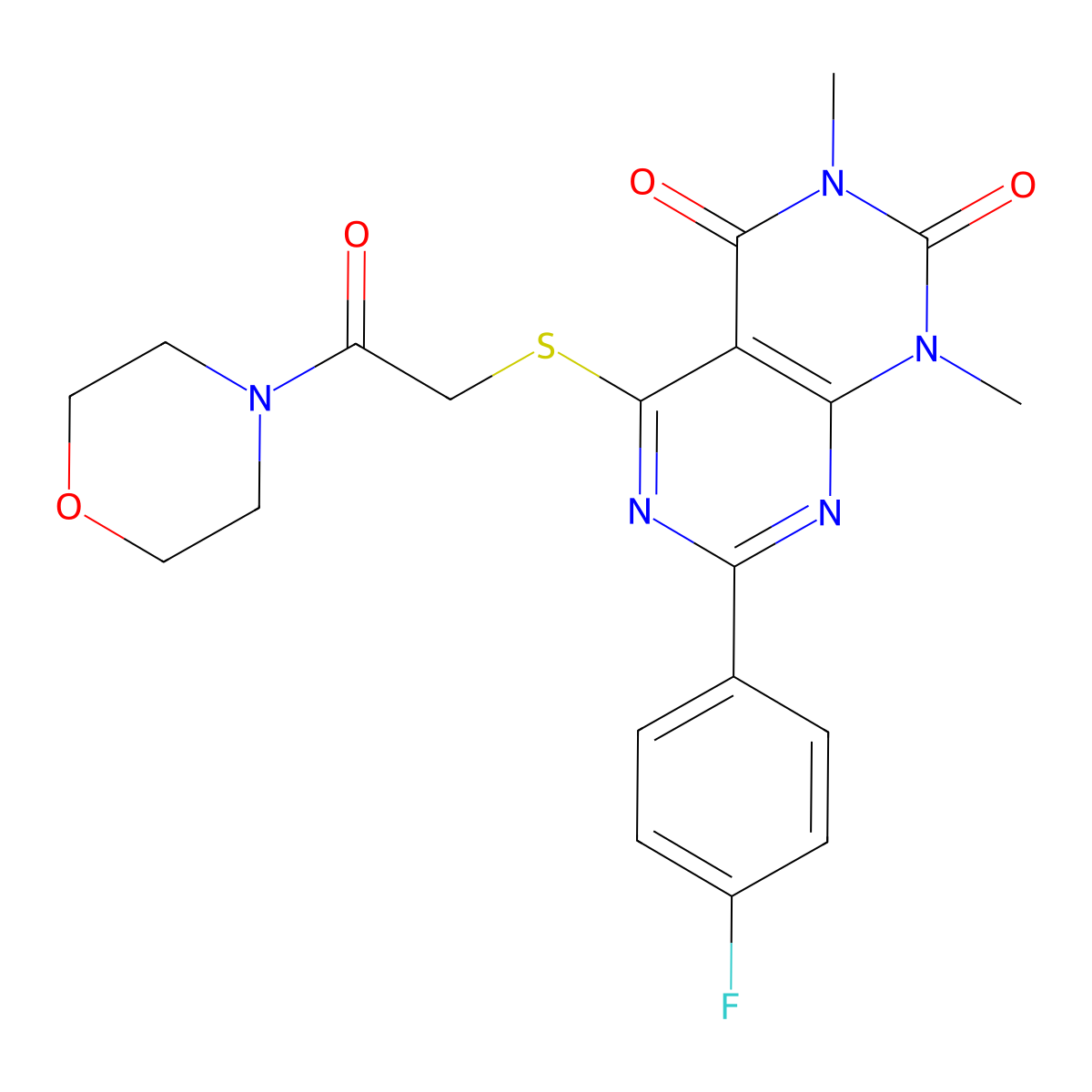 7-(4-fluorophenyl)-1,3-dimethyl-5-((2-morpholino-2-oxoethyl)thio)pyrimido[4,5-d]pyrimidine-2,4(1H,3H)-dione molecular structure, CAS 852169-71-2
