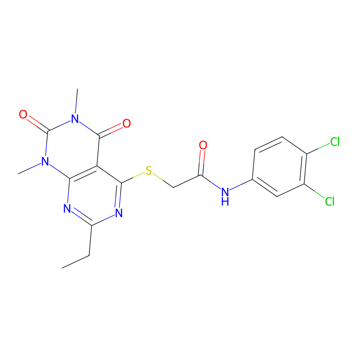 N-(3,4-dichlorophenyl)-2-((2-ethyl-6,8-dimethyl-5,7-dioxo-5,6,7,8-tetrahydropyrimido[4,5-d]pyrimidin-4-yl)thio)acetamide molecular structure, CAS 852169-72-3