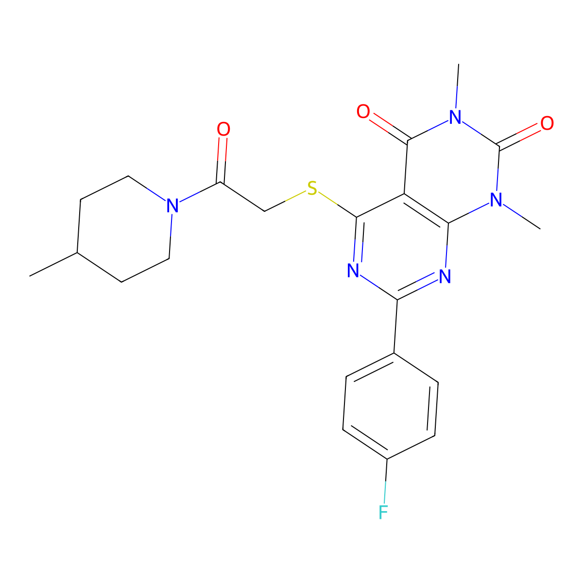 7-(4-fluorophenyl)-1,3-dimethyl-5-((2-(4-methylpiperidin-1-yl)-2-oxoethyl)thio)pyrimido[4,5-d]pyrimidine-2,4(1H,3H)-dione molecular structure, CAS 852169-73-4