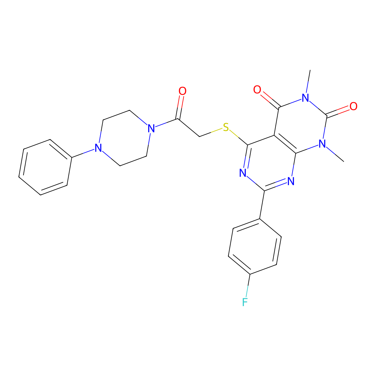 7-(4-fluorophenyl)-1,3-dimethyl-5-((2-oxo-2-(4-phenylpiperazin-1-yl)ethyl)thio)pyrimido[4,5-d]pyrimidine-2,4(1H,3H)-dione molecular structure, CAS 852169-75-6