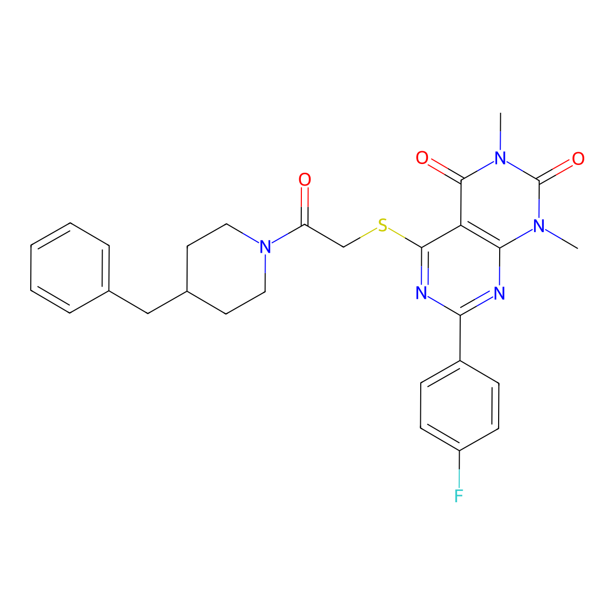 5-((2-(4-benzylpiperidin-1-yl)-2-oxoethyl)thio)-7-(4-fluorophenyl)-1,3-dimethylpyrimido[4,5-d]pyrimidine-2,4(1H,3H)-dione molecular structure, CAS 852169-77-8