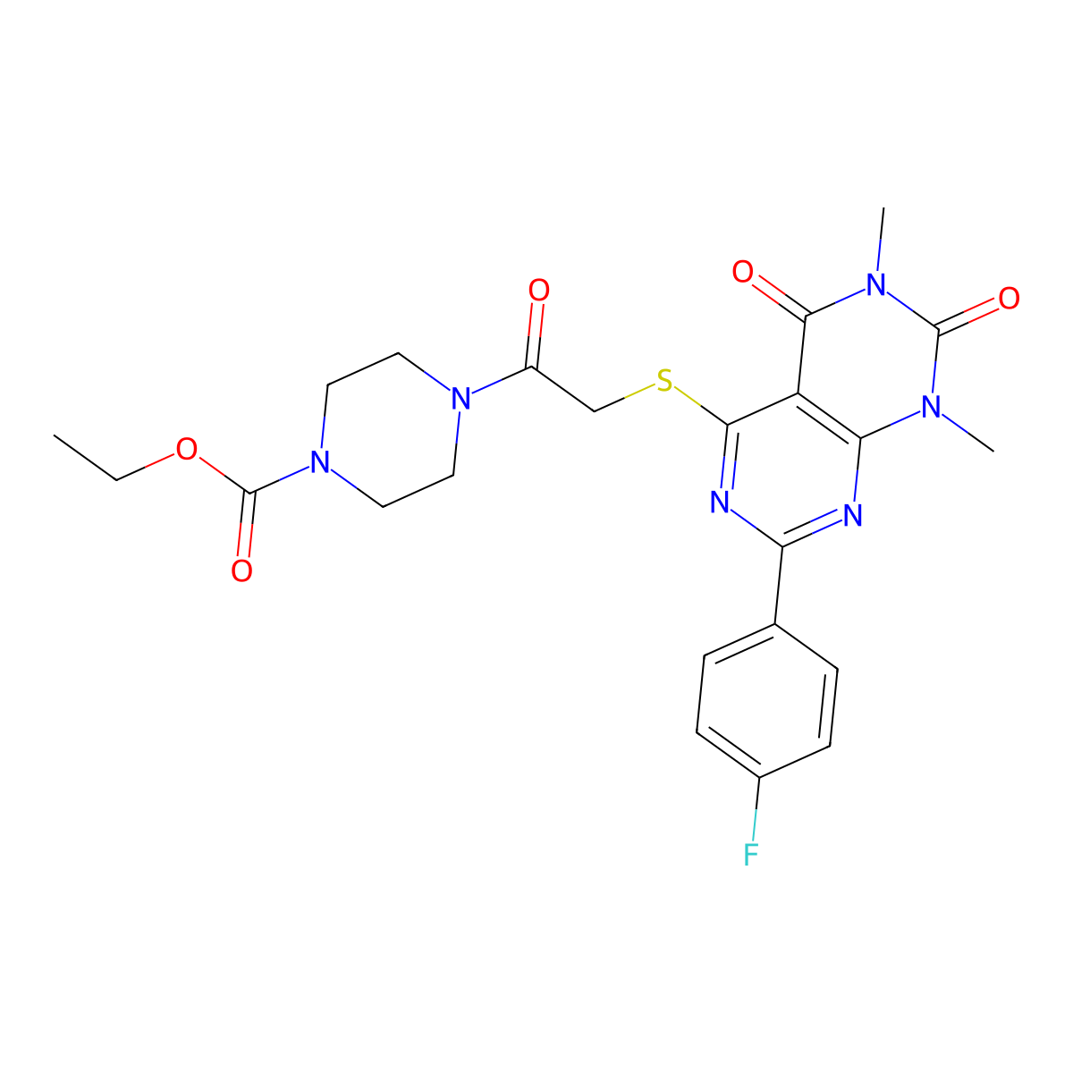 Ethyl 4-(2-((2-(4-fluorophenyl)-6,8-dimethyl-5,7-dioxo-5,6,7,8-tetrahydropyrimido[4,5-d]pyrimidin-4-yl)thio)acetyl)piperazine-1-carboxylate molecular structure, CAS 852169-79-0