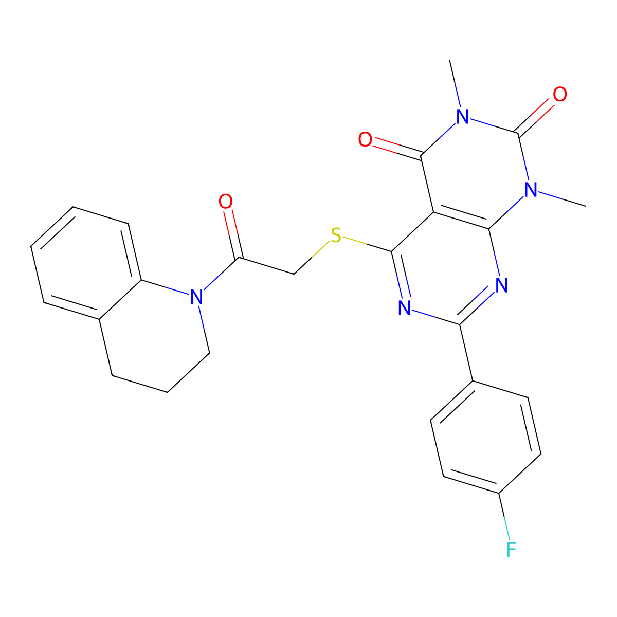 5-((2-(3,4-dihydroquinolin-1(2H)-yl)-2-oxoethyl)thio)-7-(4-fluorophenyl)-1,3-dimethylpyrimido[4,5-d]pyrimidine-2,4(1H,3H)-dione molecular structure, CAS 852169-81-4