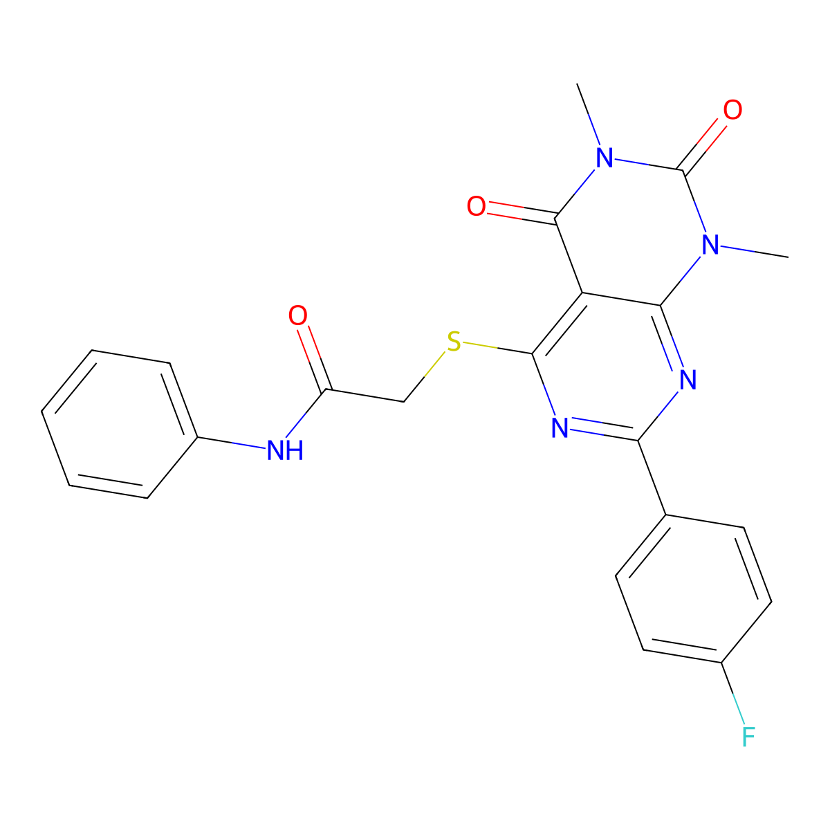2-((2-(4-fluorophenyl)-6,8-dimethyl-5,7-dioxo-5,6,7,8-tetrahydropyrimido[4,5-d]pyrimidin-4-yl)thio)-N-phenylacetamide molecular structure, CAS 852169-85-8