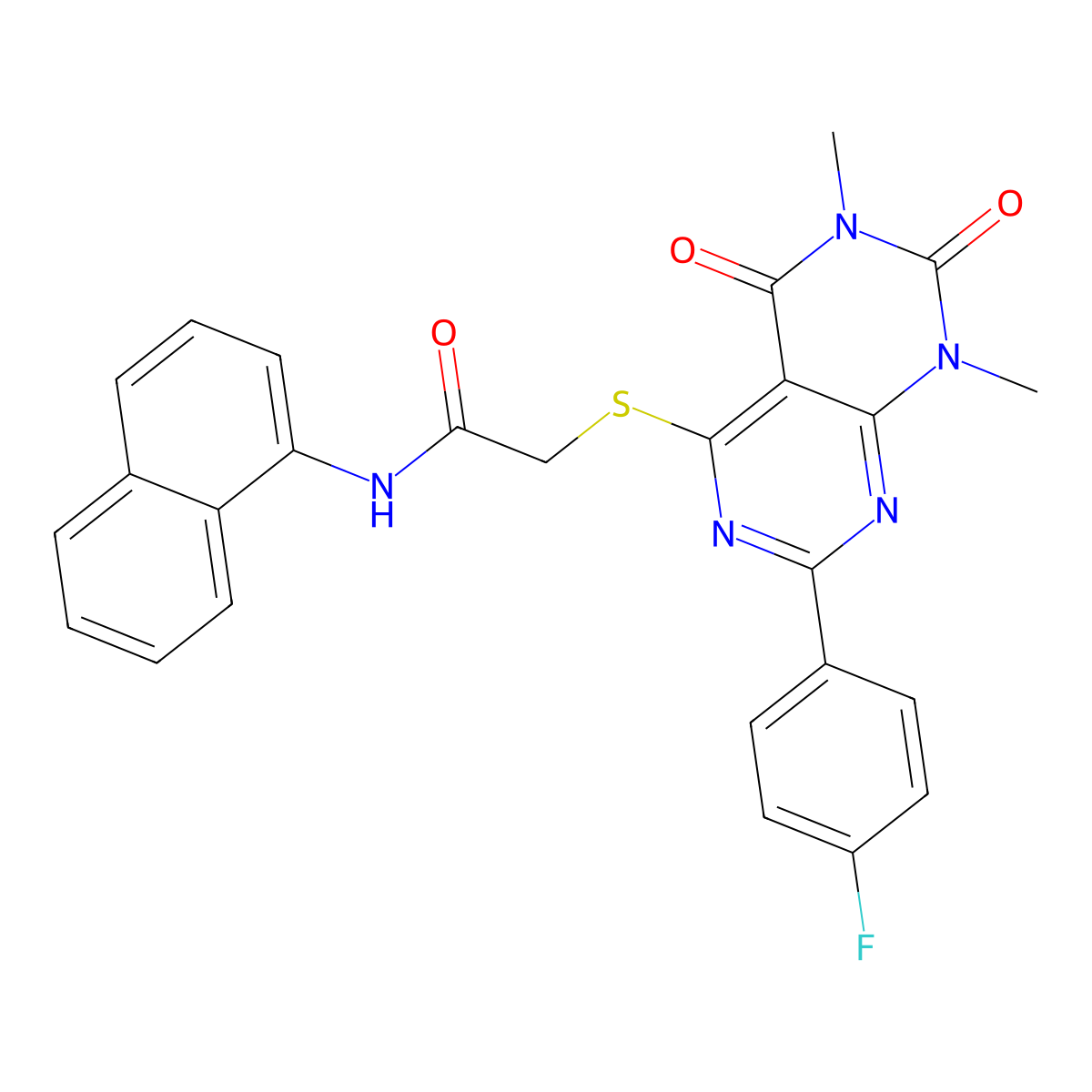 2-[7-(4-fluorophenyl)-1,3-dimethyl-2,4-dioxopyrimido[4,5-d]pyrimidin-5-yl]sulfanyl-N-naphthalen-1-ylacetamide molecular structure, CAS 852169-87-0