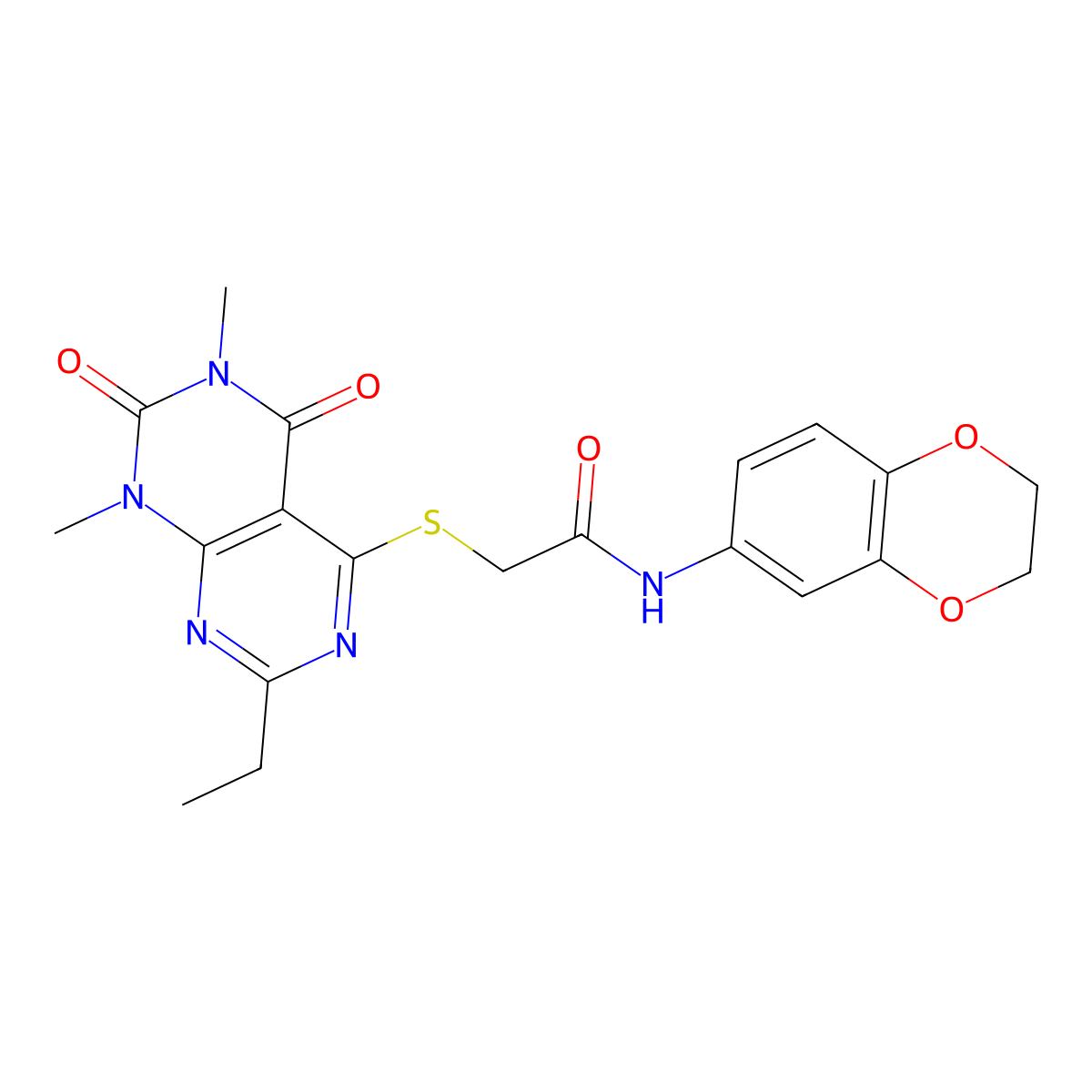 N-(2,3-dihydrobenzo[b][1,4]dioxin-6-yl)-2-((2-ethyl-6,8-dimethyl-5,7-dioxo-5,6,7,8-tetrahydropyrimido[4,5-d]pyrimidin-4-yl)thio)acetamide molecular structure, CAS 852169-92-7