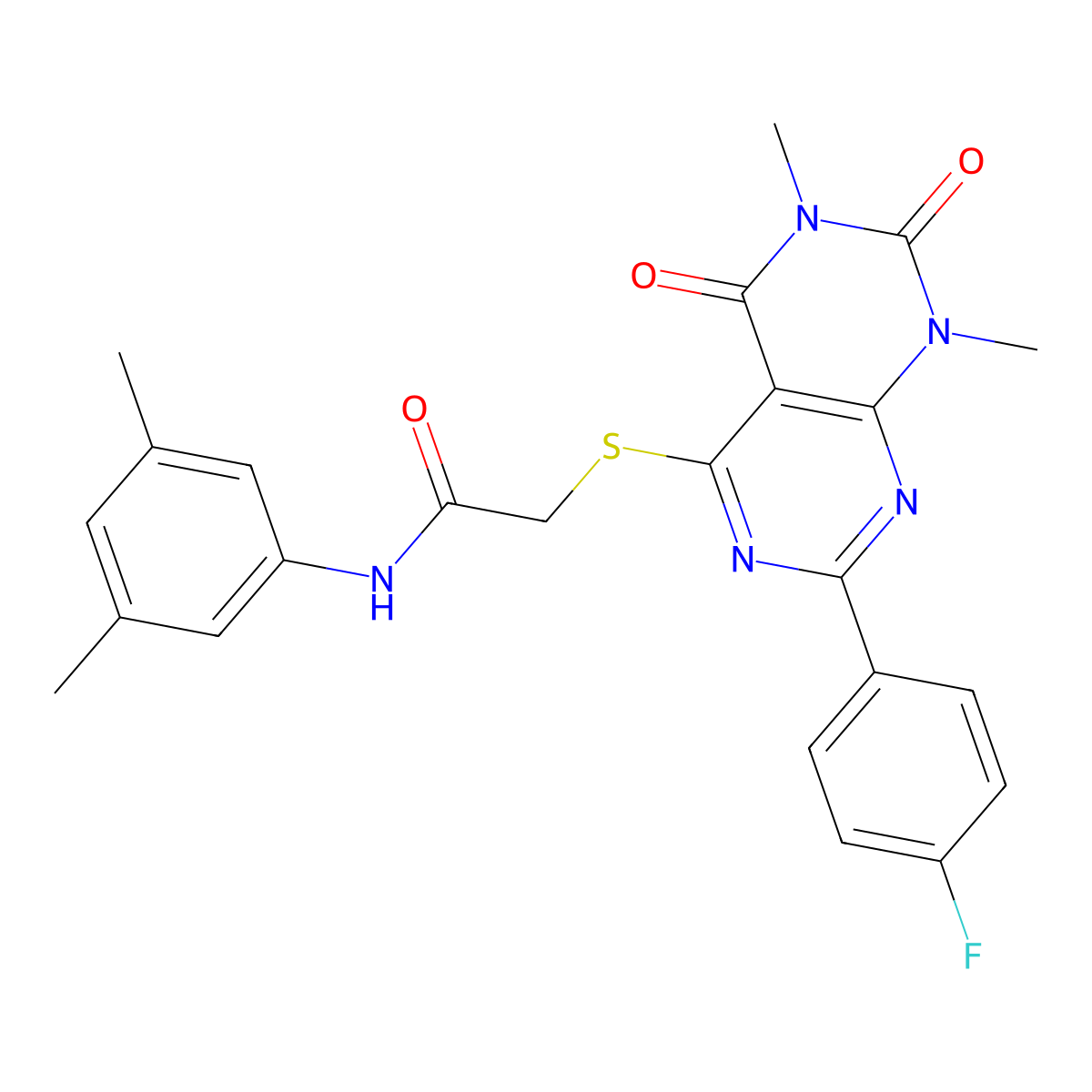 N-(3,5-dimethylphenyl)-2-((2-(4-fluorophenyl)-6,8-dimethyl-5,7-dioxo-5,6,7,8-tetrahydropyrimido[4,5-d]pyrimidin-4-yl)thio)acetamide molecular structure, CAS 852169-95-0
