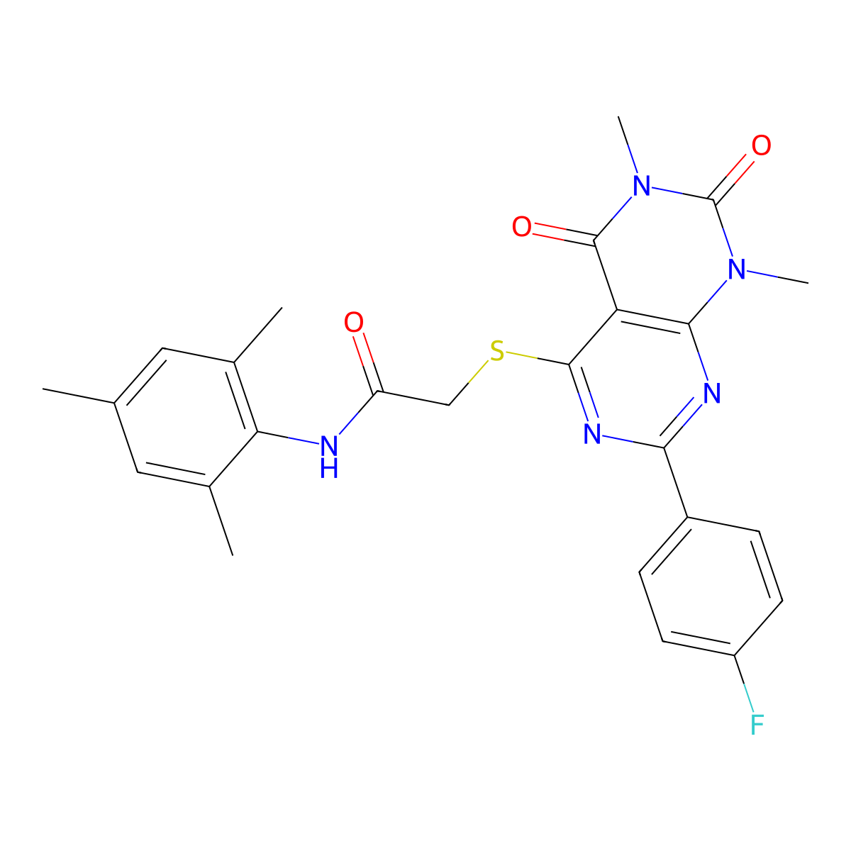 2-((2-(4-fluorophenyl)-6,8-dimethyl-5,7-dioxo-5,6,7,8-tetrahydropyrimido[4,5-d]pyrimidin-4-yl)thio)-N-mesitylacetamide molecular structure, CAS 852169-97-2