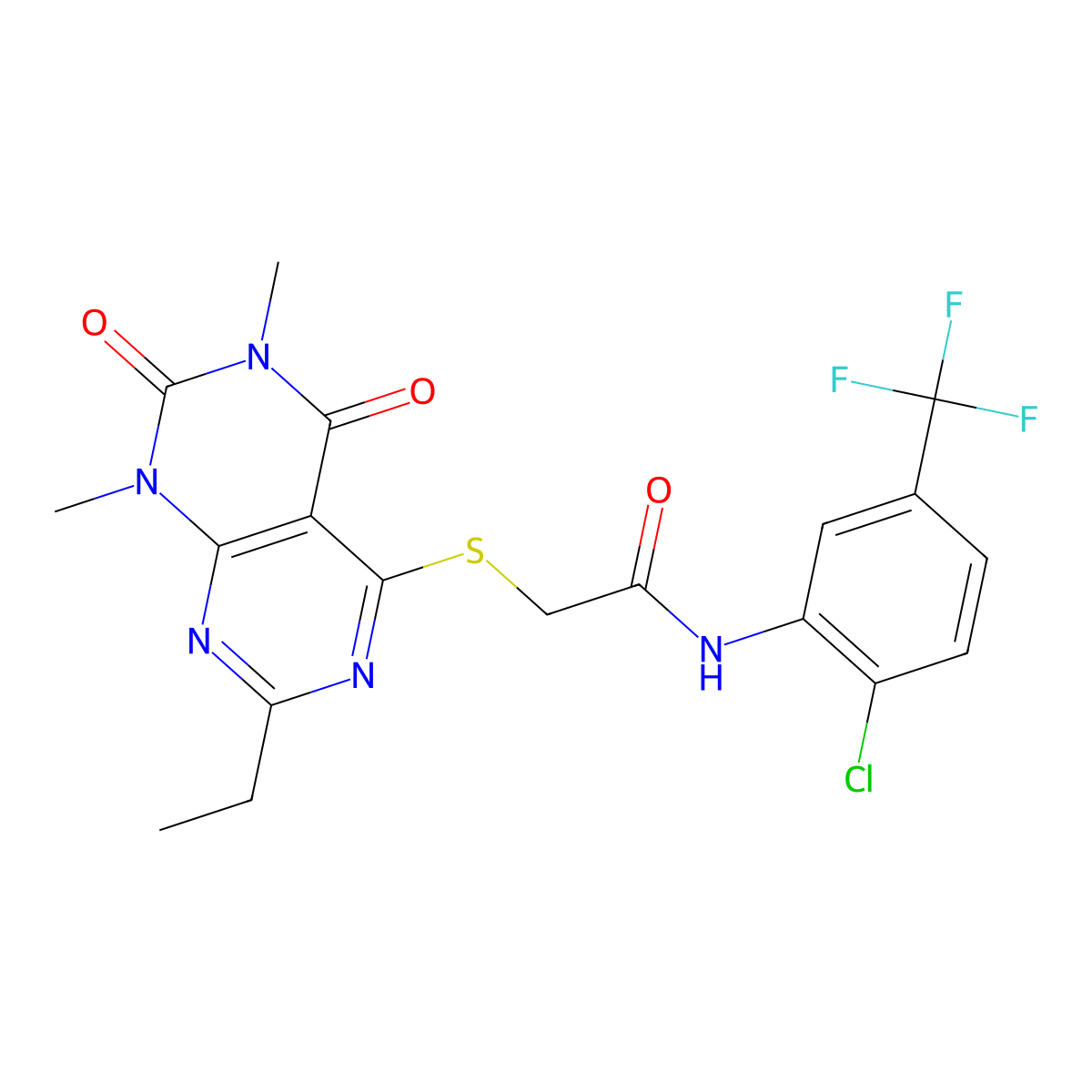 N-(2-chloro-5-(trifluoromethyl)phenyl)-2-((2-ethyl-6,8-dimethyl-5,7-dioxo-5,6,7,8-tetrahydropyrimido[4,5-d]pyrimidin-4-yl)thio)acetamide molecular structure, CAS 852169-98-3