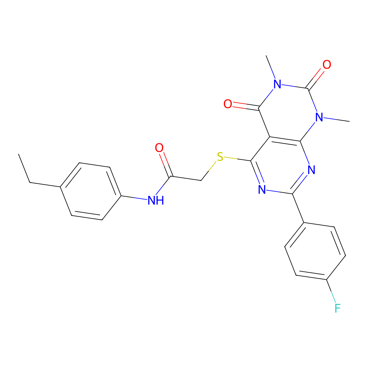 N-(4-ethylphenyl)-2-((2-(4-fluorophenyl)-6,8-dimethyl-5,7-dioxo-5,6,7,8-tetrahydropyrimido[4,5-d]pyrimidin-4-yl)thio)acetamide molecular structure, CAS 852169-99-4