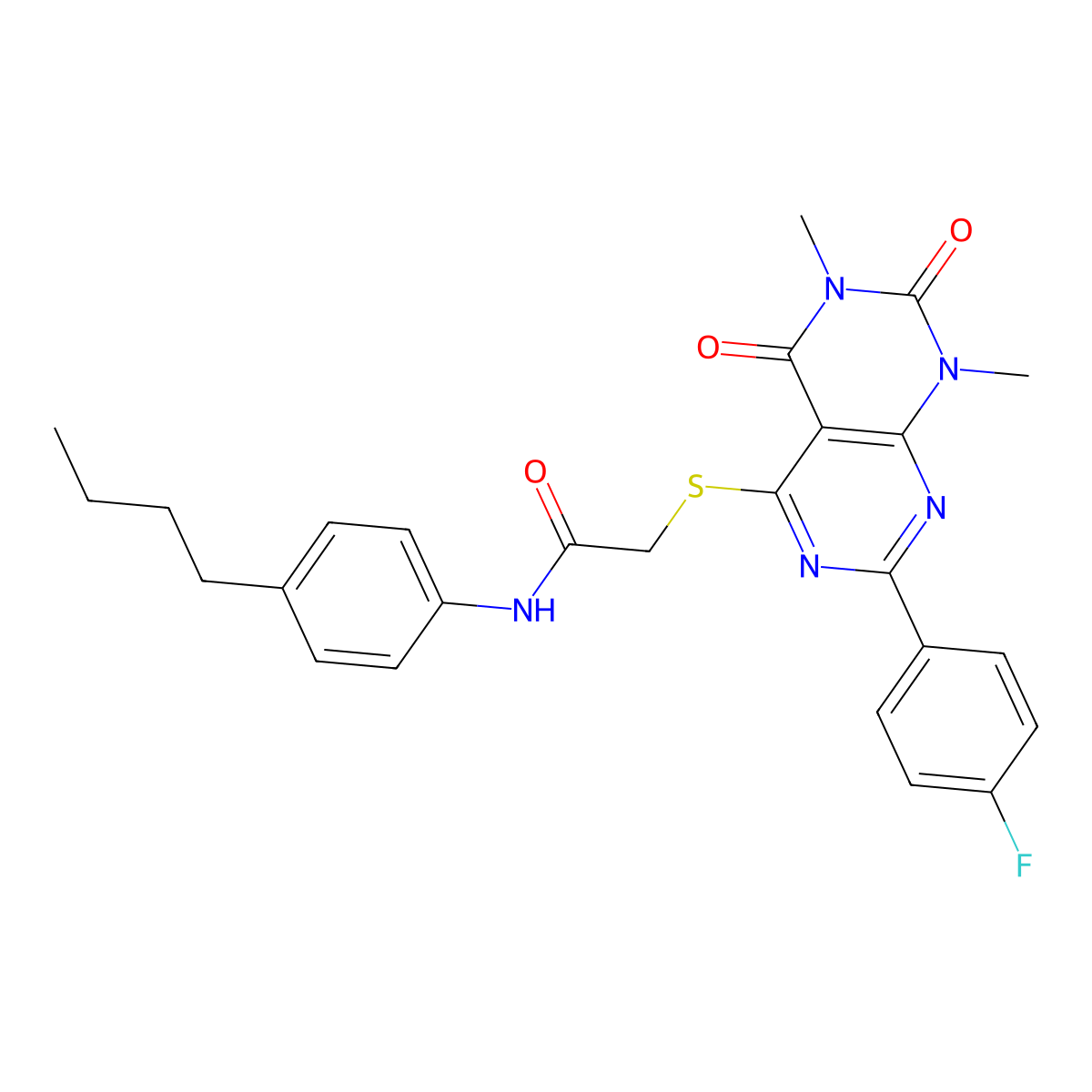 N-(4-butylphenyl)-2-((2-(4-fluorophenyl)-6,8-dimethyl-5,7-dioxo-5,6,7,8-tetrahydropyrimido[4,5-d]pyrimidin-4-yl)thio)acetamide molecular structure, CAS 852170-01-5