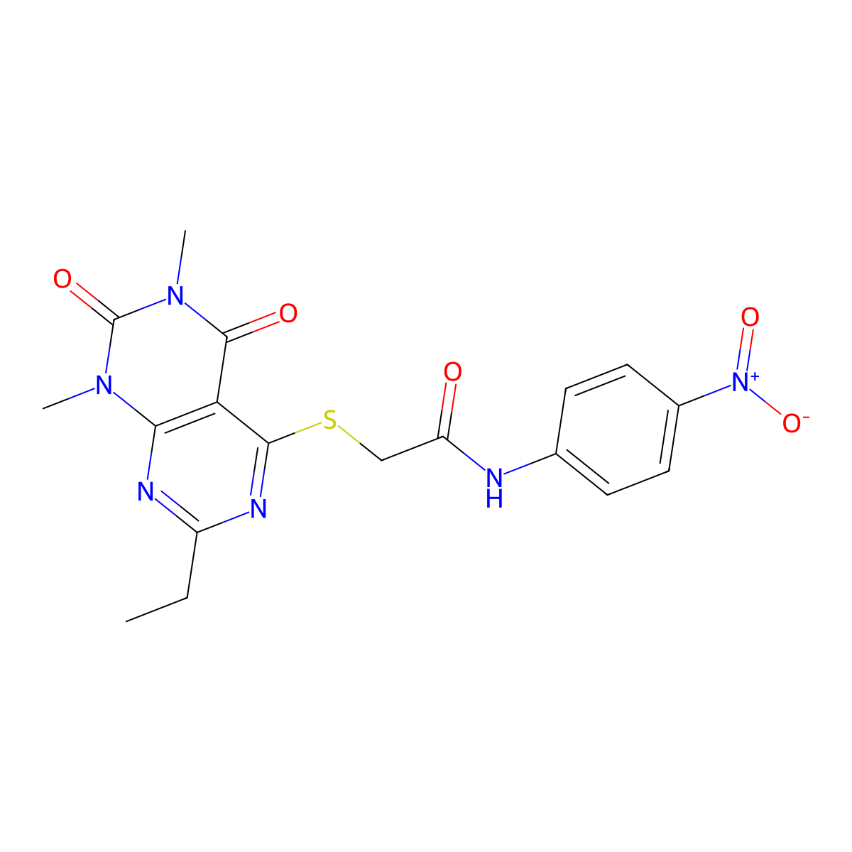 2-((2-ethyl-6,8-dimethyl-5,7-dioxo-5,6,7,8-tetrahydropyrimido[4,5-d]pyrimidin-4-yl)thio)-N-(4-nitrophenyl)acetamide molecular structure, CAS 852170-02-6