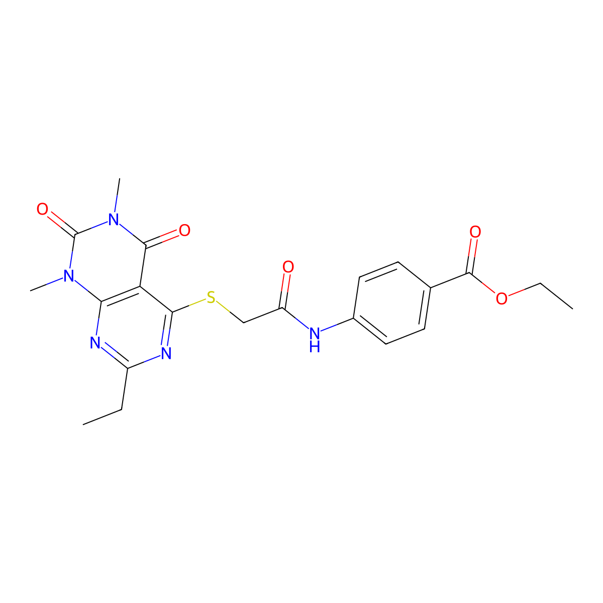Ethyl 4-(2-((2-ethyl-6,8-dimethyl-5,7-dioxo-5,6,7,8-tetrahydropyrimido[4,5-d]pyrimidin-4-yl)thio)acetamido)benzoate molecular structure, CAS 852170-04-8