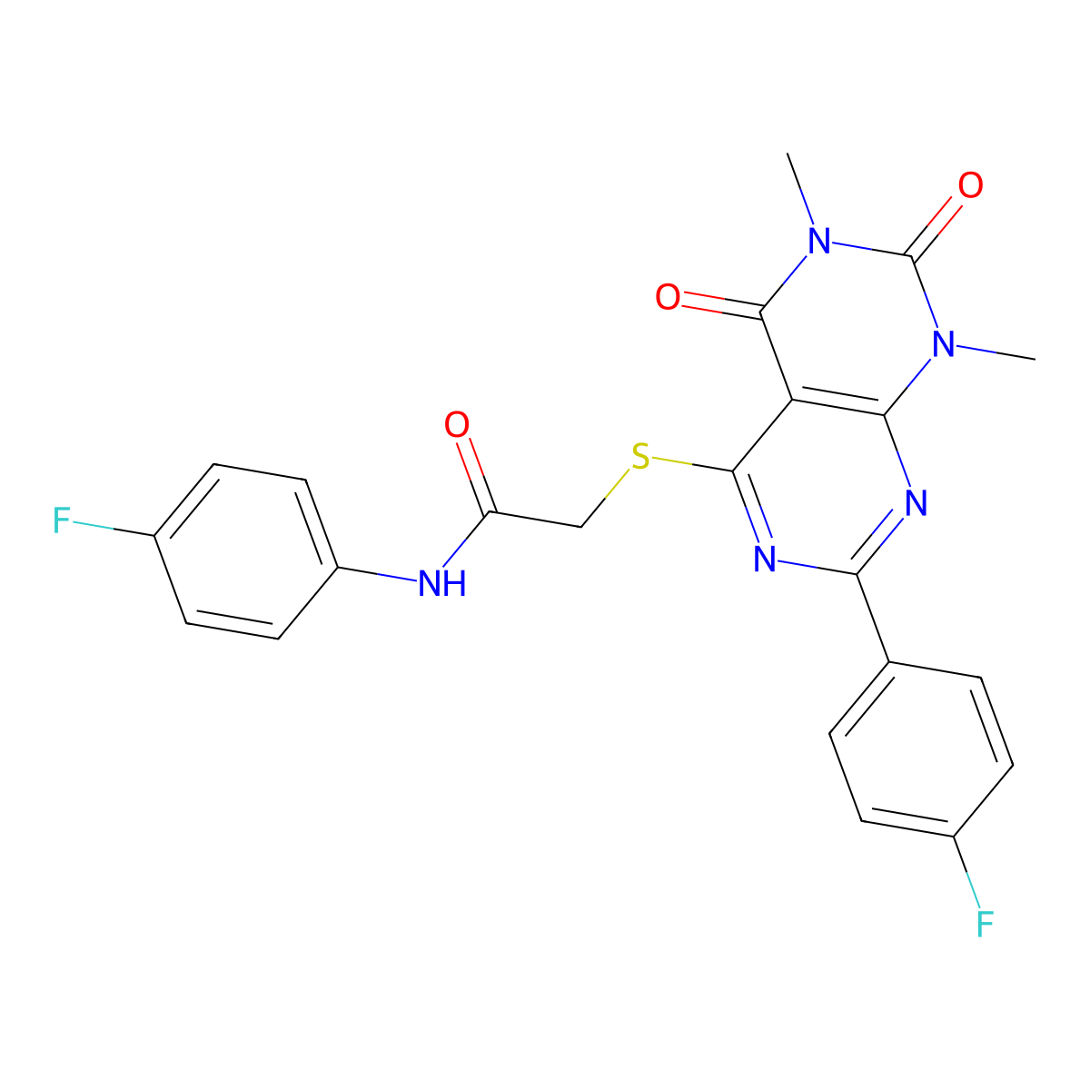 N-(4-fluorophenyl)-2-((2-(4-fluorophenyl)-6,8-dimethyl-5,7-dioxo-5,6,7,8-tetrahydropyrimido[4,5-d]pyrimidin-4-yl)thio)acetamide molecular structure, CAS 852170-07-1