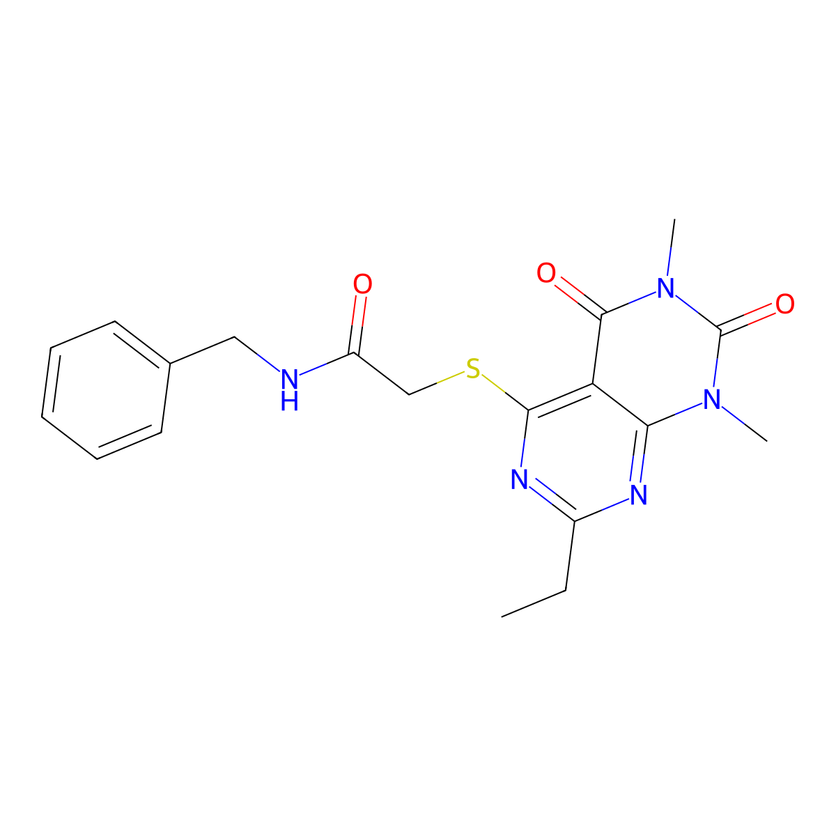 N-benzyl-2-(7-ethyl-1,3-dimethyl-2,4-dioxopyrimido[4,5-d]pyrimidin-5-yl)sulfanylacetamide molecular structure, CAS 852170-08-2