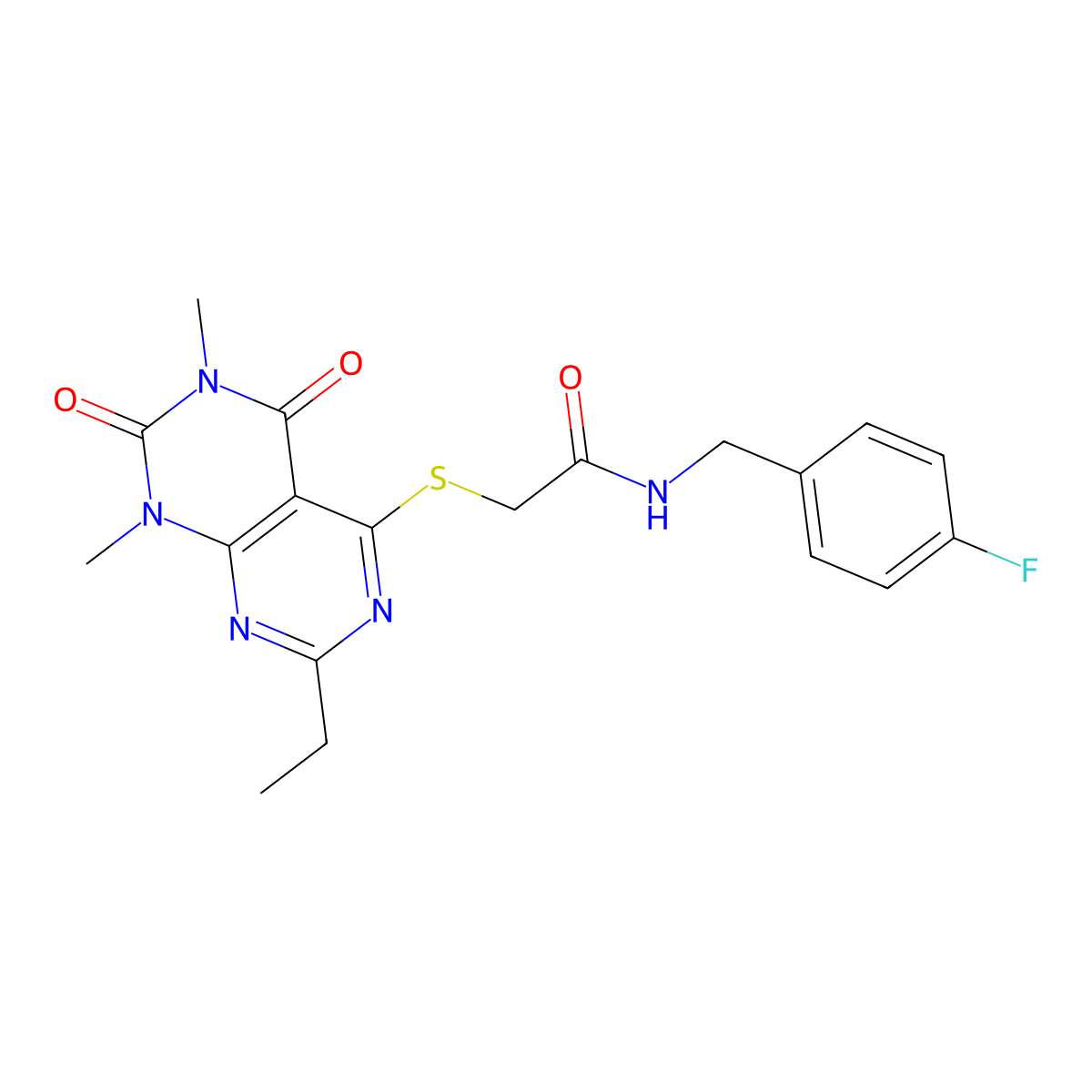 2-((2-ethyl-6,8-dimethyl-5,7-dioxo-5,6,7,8-tetrahydropyrimido[4,5-d]pyrimidin-4-yl)thio)-N-(4-fluorobenzyl)acetamide molecular structure, CAS 852170-10-6