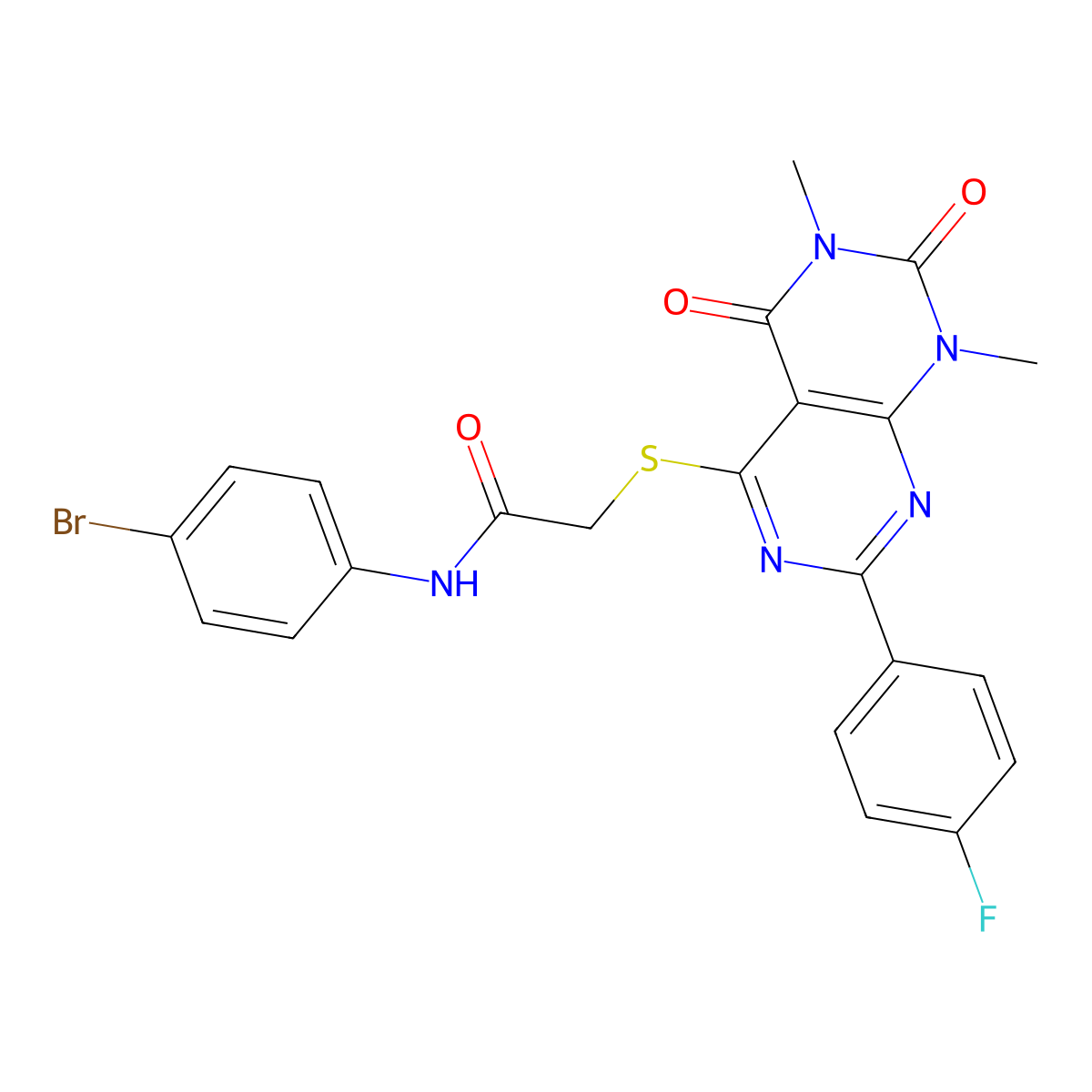 N-(4-bromophenyl)-2-((2-(4-fluorophenyl)-6,8-dimethyl-5,7-dioxo-5,6,7,8-tetrahydropyrimido[4,5-d]pyrimidin-4-yl)thio)acetamide molecular structure, CAS 852170-13-9