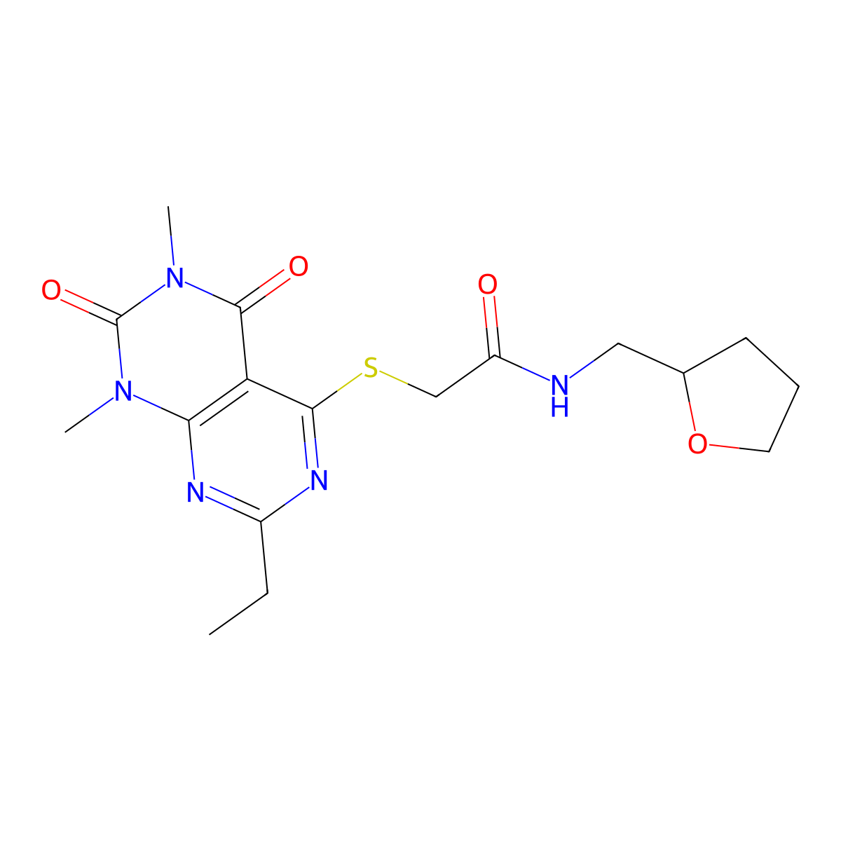 2-((2-ethyl-6,8-dimethyl-5,7-dioxo-5,6,7,8-tetrahydropyrimido[4,5-d]pyrimidin-4-yl)thio)-N-((tetrahydrofuran-2-yl)methyl)acetamide molecular structure, CAS 852170-14-0