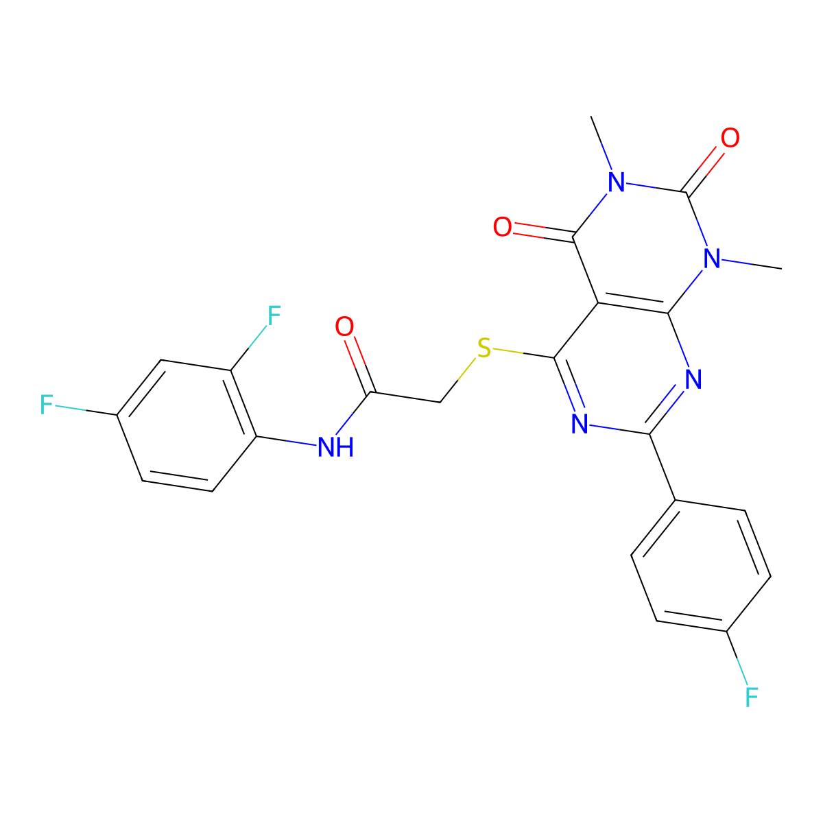 N-(2,4-difluorophenyl)-2-[7-(4-fluorophenyl)-1,3-dimethyl-2,4-dioxopyrimido[4,5-d]pyrimidin-5-yl]sulfanylacetamide molecular structure, CAS 852170-15-1