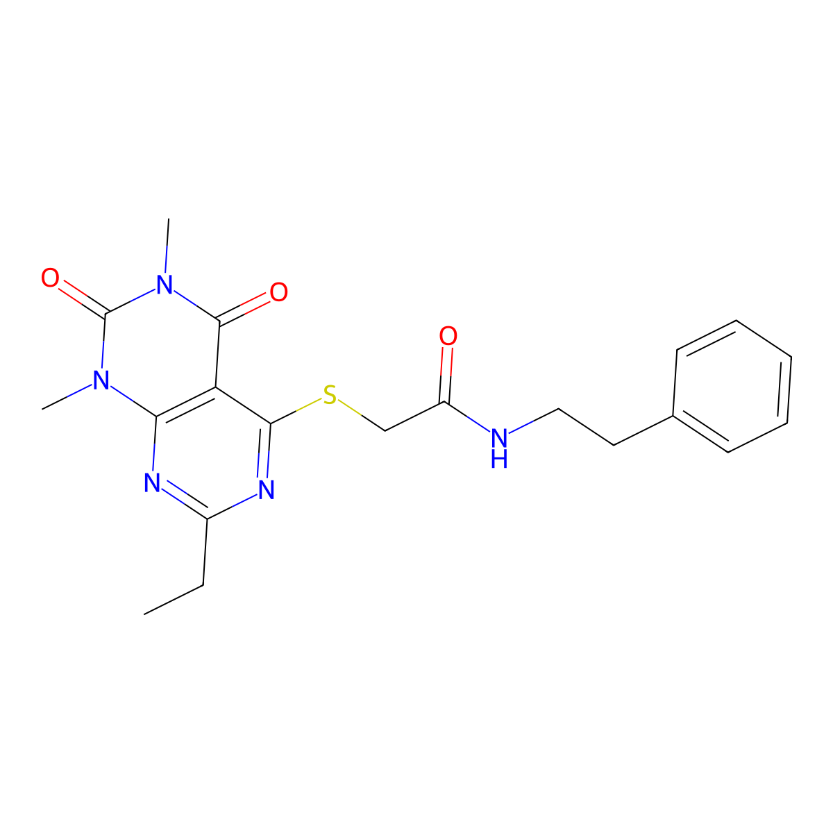 2-((2-ethyl-6,8-dimethyl-5,7-dioxo-5,6,7,8-tetrahydropyrimido[4,5-d]pyrimidin-4-yl)thio)-N-phenethylacetamide molecular structure, CAS 852170-16-2