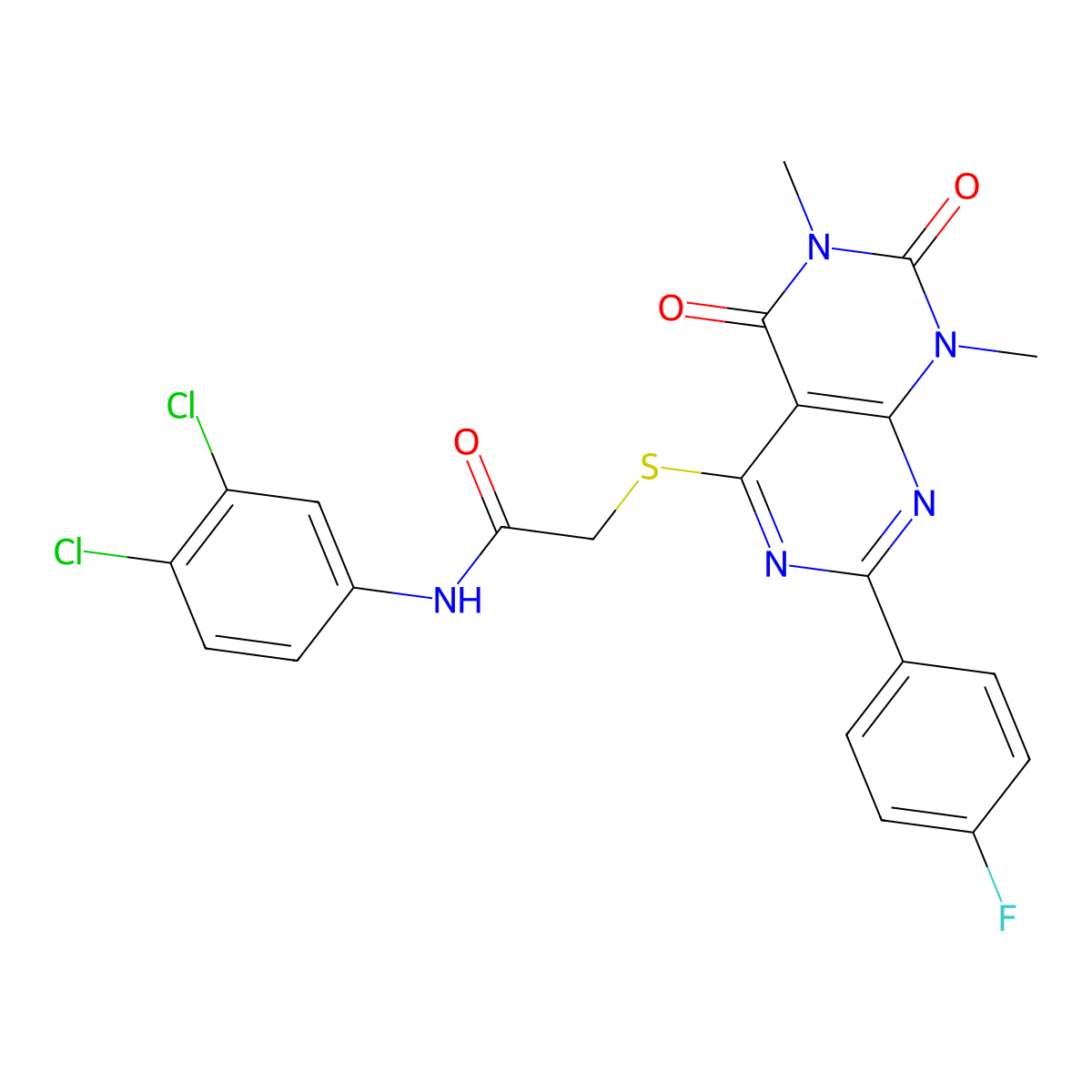 N-(3,4-dichlorophenyl)-2-[7-(4-fluorophenyl)-1,3-dimethyl-2,4-dioxopyrimido[4,5-d]pyrimidin-5-yl]sulfanylacetamide molecular structure, CAS 852170-17-3