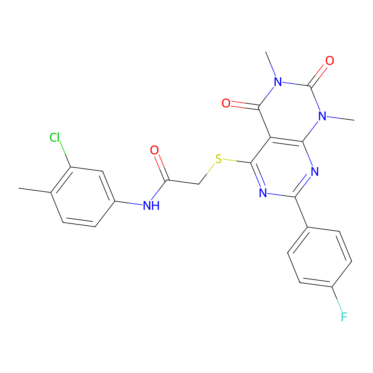 N-(3-chloro-4-methylphenyl)-2-((2-(4-fluorophenyl)-6,8-dimethyl-5,7-dioxo-5,6,7,8-tetrahydropyrimido[4,5-d]pyrimidin-4-yl)thio)acetamide molecular structure, CAS 852170-19-5
