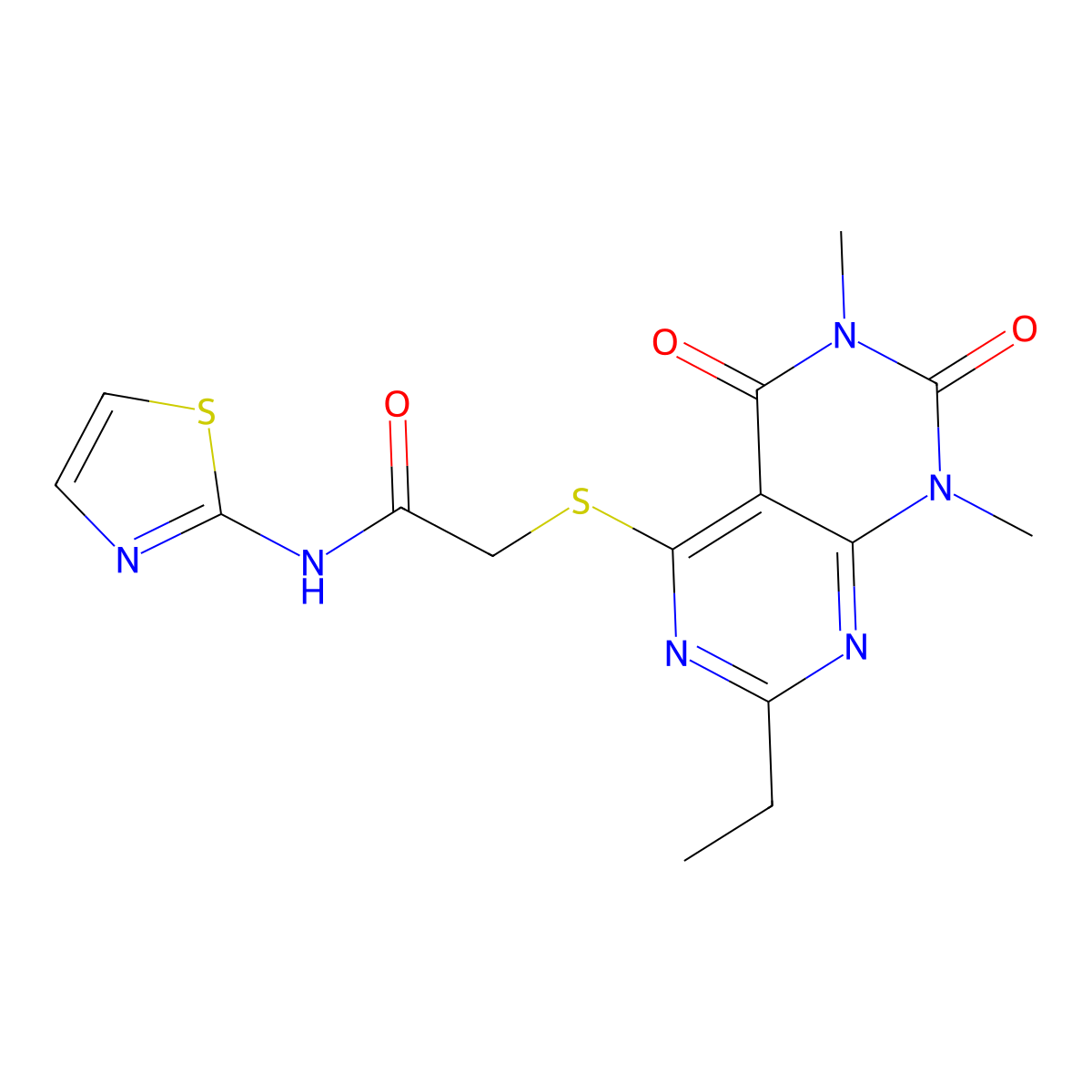 2-((2-ethyl-6,8-dimethyl-5,7-dioxo-5,6,7,8-tetrahydropyrimido[4,5-d]pyrimidin-4-yl)thio)-N-(thiazol-2-yl)acetamide molecular structure, CAS 852170-23-1