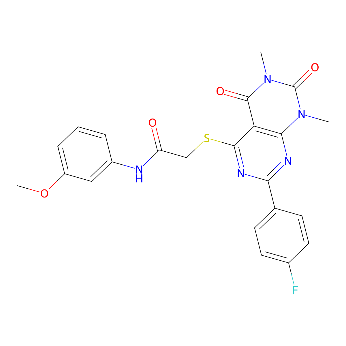 2-((2-(4-fluorophenyl)-6,8-dimethyl-5,7-dioxo-5,6,7,8-tetrahydropyrimido[4,5-d]pyrimidin-4-yl)thio)-N-(3-methoxyphenyl)acetamide molecular structure, CAS 852170-24-2