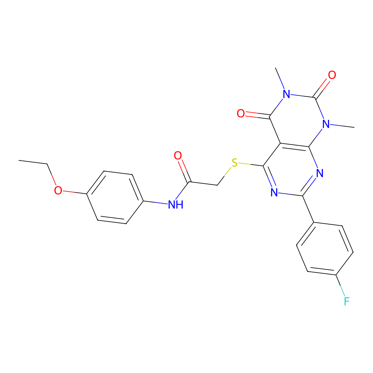N-(4-ethoxyphenyl)-2-((2-(4-fluorophenyl)-6,8-dimethyl-5,7-dioxo-5,6,7,8-tetrahydropyrimido[4,5-d]pyrimidin-4-yl)thio)acetamide molecular structure, CAS 852170-28-6