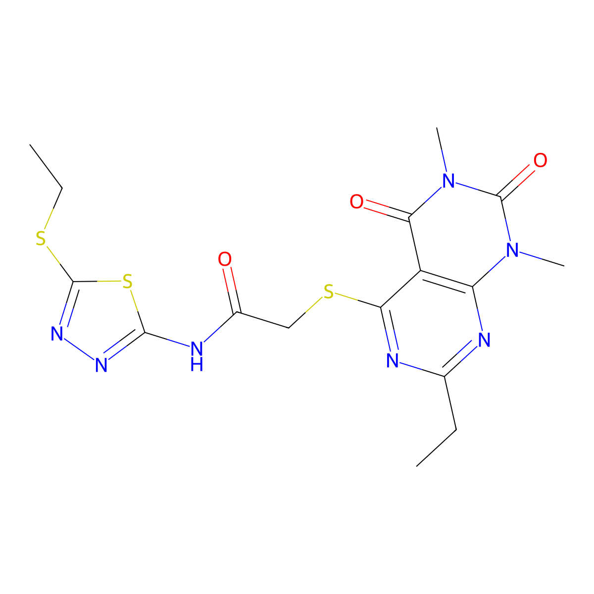 2-(7-ethyl-1,3-dimethyl-2,4-dioxopyrimido[4,5-d]pyrimidin-5-yl)sulfanyl-N-(5-ethylsulfanyl-1,3,4-thiadiazol-2-yl)acetamide molecular structure, CAS 852170-29-7