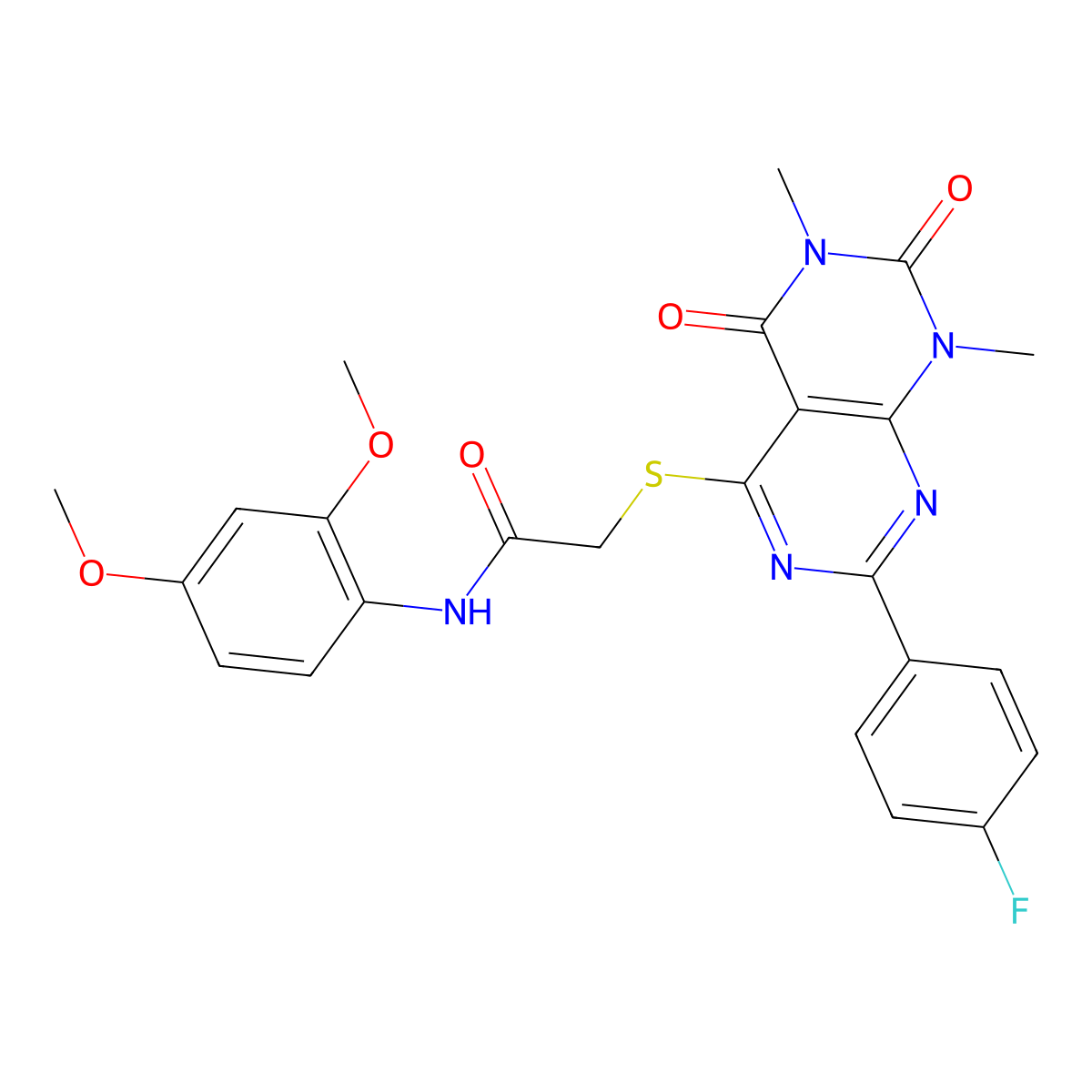 N-(2,4-dimethoxyphenyl)-2-((2-(4-fluorophenyl)-6,8-dimethyl-5,7-dioxo-5,6,7,8-tetrahydropyrimido[4,5-d]pyrimidin-4-yl)thio)acetamide molecular structure, CAS 852170-30-0