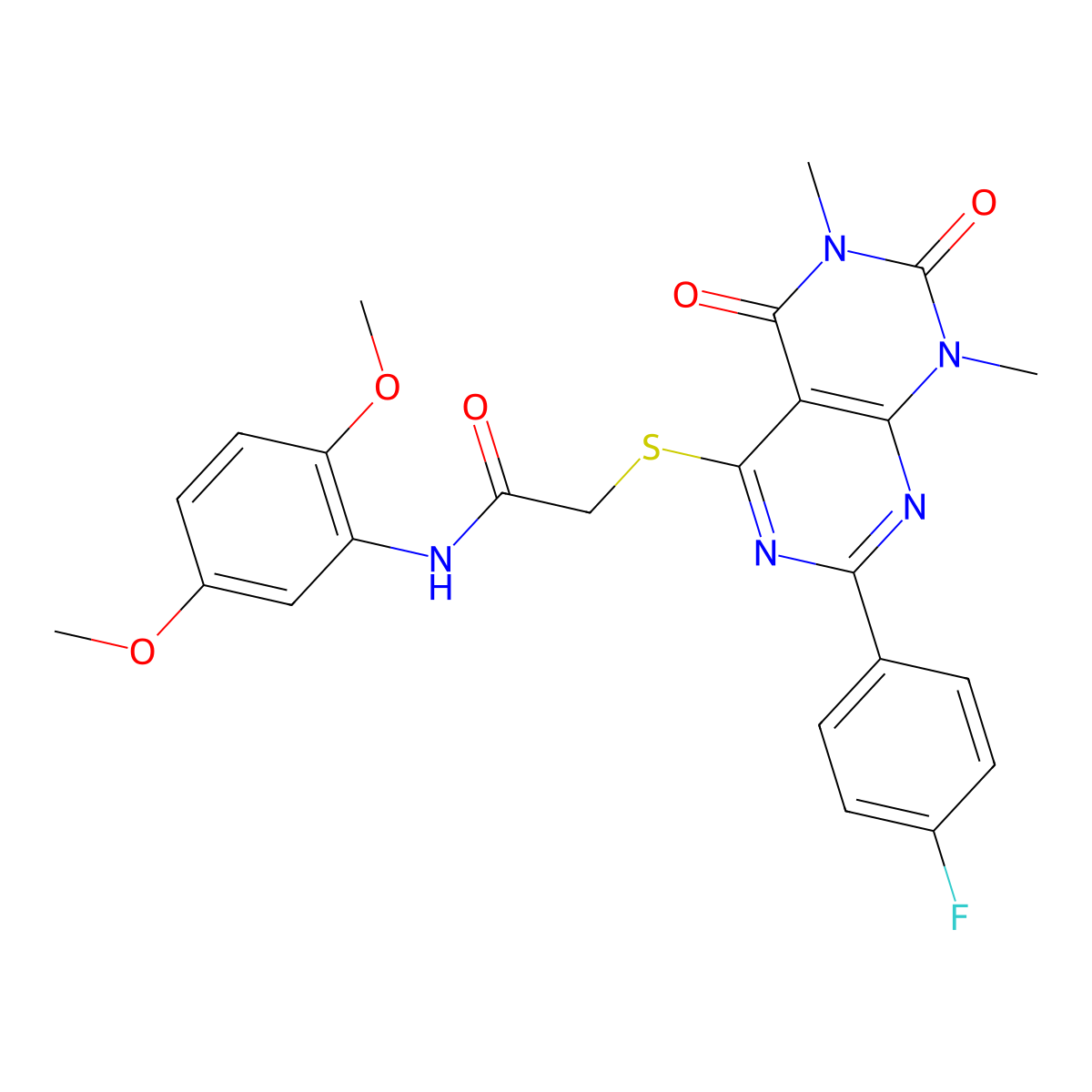 N-(2,5-dimethoxyphenyl)-2-((2-(4-fluorophenyl)-6,8-dimethyl-5,7-dioxo-5,6,7,8-tetrahydropyrimido[4,5-d]pyrimidin-4-yl)thio)acetamide molecular structure, CAS 852170-32-2