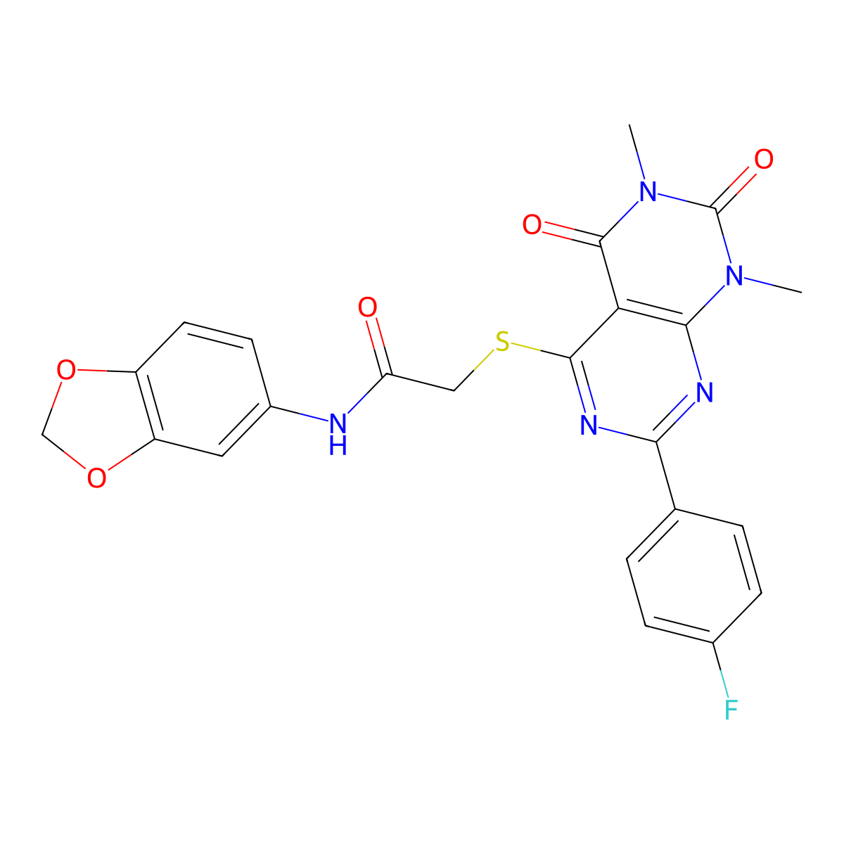 N-(benzo[d][1,3]dioxol-5-yl)-2-((2-(4-fluorophenyl)-6,8-dimethyl-5,7-dioxo-5,6,7,8-tetrahydropyrimido[4,5-d]pyrimidin-4-yl)thio)acetamide molecular structure, CAS 852170-34-4