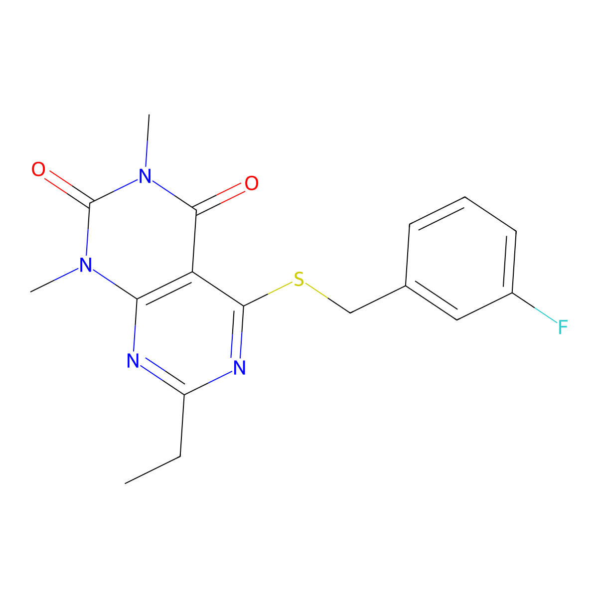 7-ethyl-5-((3-fluorobenzyl)thio)-1,3-dimethylpyrimido[4,5-d]pyrimidine-2,4(1H,3H)-dione molecular structure, CAS 852170-35-5