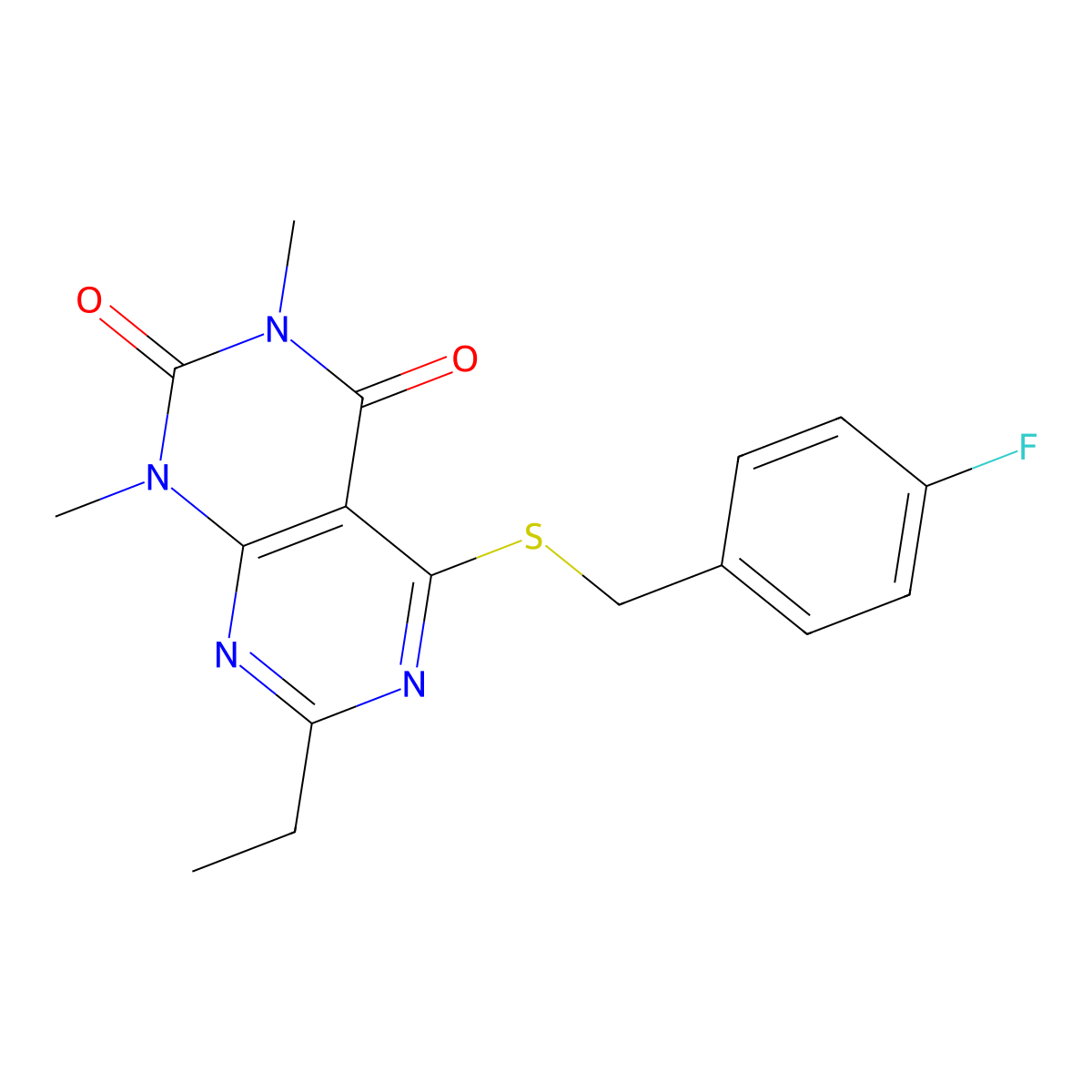 7-ethyl-5-((4-fluorobenzyl)thio)-1,3-dimethylpyrimido[4,5-d]pyrimidine-2,4(1H,3H)-dione molecular structure, CAS 852170-37-7