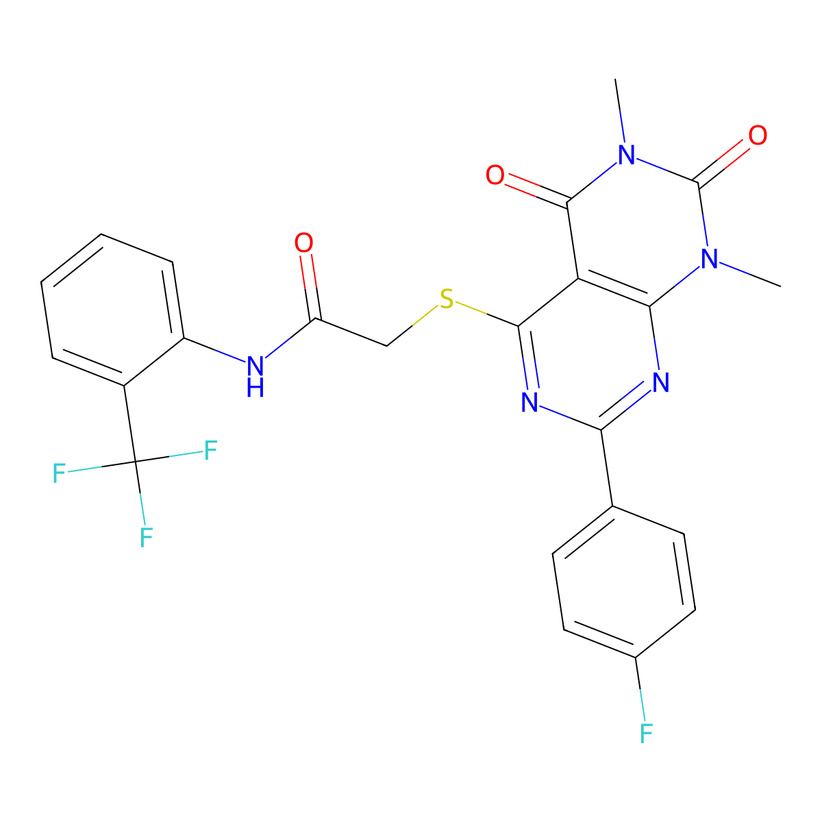 2-[7-(4-fluorophenyl)-1,3-dimethyl-2,4-dioxopyrimido[4,5-d]pyrimidin-5-yl]sulfanyl-N-[2-(trifluoromethyl)phenyl]acetamide molecular structure, CAS 852170-38-8