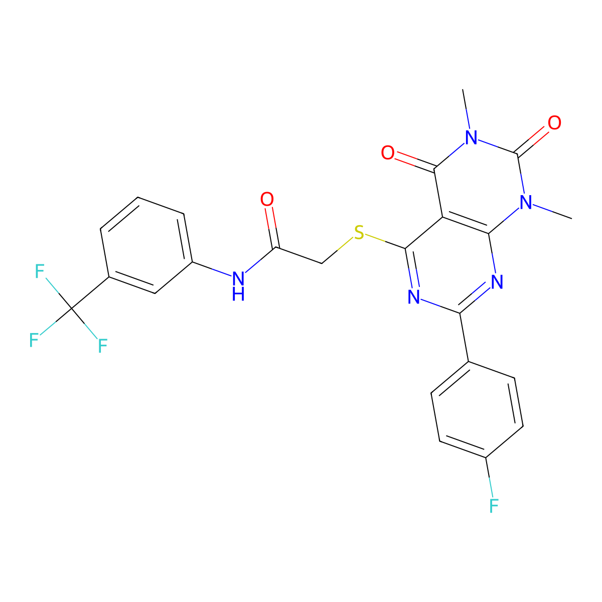 2-((2-(4-fluorophenyl)-6,8-dimethyl-5,7-dioxo-5,6,7,8-tetrahydropyrimido[4,5-d]pyrimidin-4-yl)thio)-N-(3-(trifluoromethyl)phenyl)acetamide molecular structure, CAS 852170-40-2