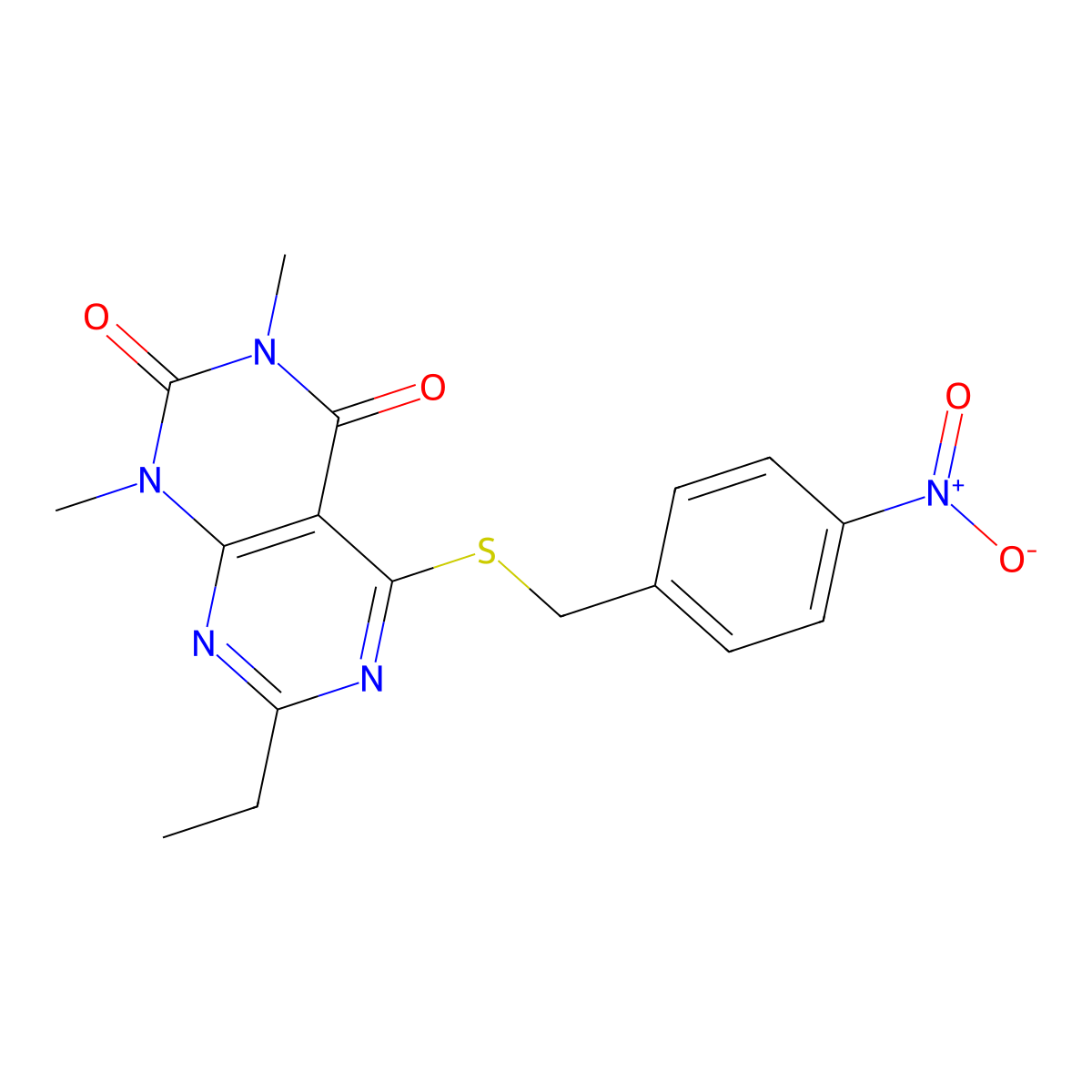 7-ethyl-1,3-dimethyl-5-((4-nitrobenzyl)thio)pyrimido[4,5-d]pyrimidine-2,4(1H,3H)-dione molecular structure, CAS 852170-41-3
