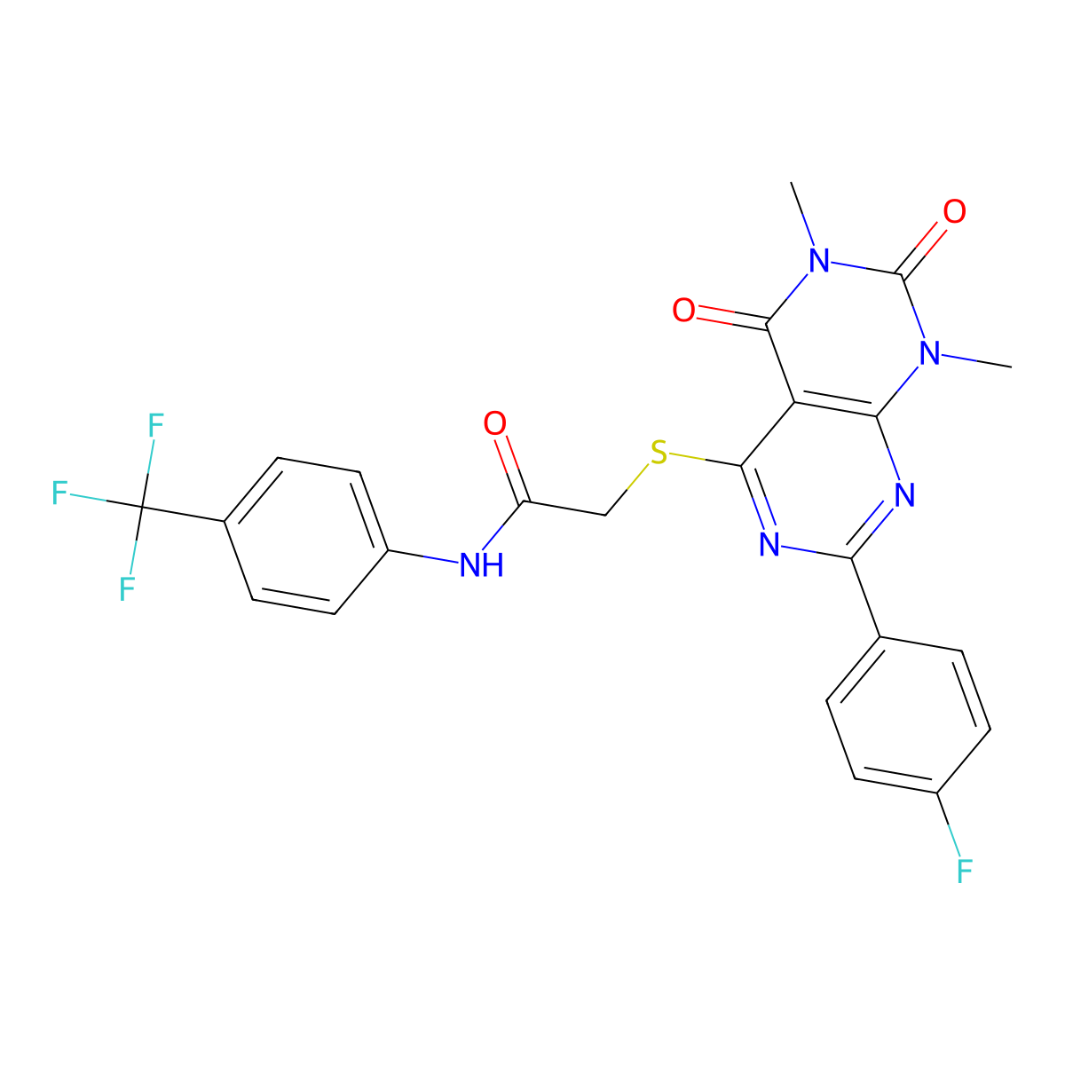 2-((2-(4-fluorophenyl)-6,8-dimethyl-5,7-dioxo-5,6,7,8-tetrahydropyrimido[4,5-d]pyrimidin-4-yl)thio)-N-(4-(trifluoromethyl)phenyl)acetamide molecular structure, CAS 852170-42-4